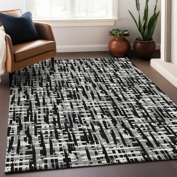 Addison Rugs Chantille Indoor/Outdoor Transitional Lines Black Washable Rectangle Rug, 5' x 7'6"