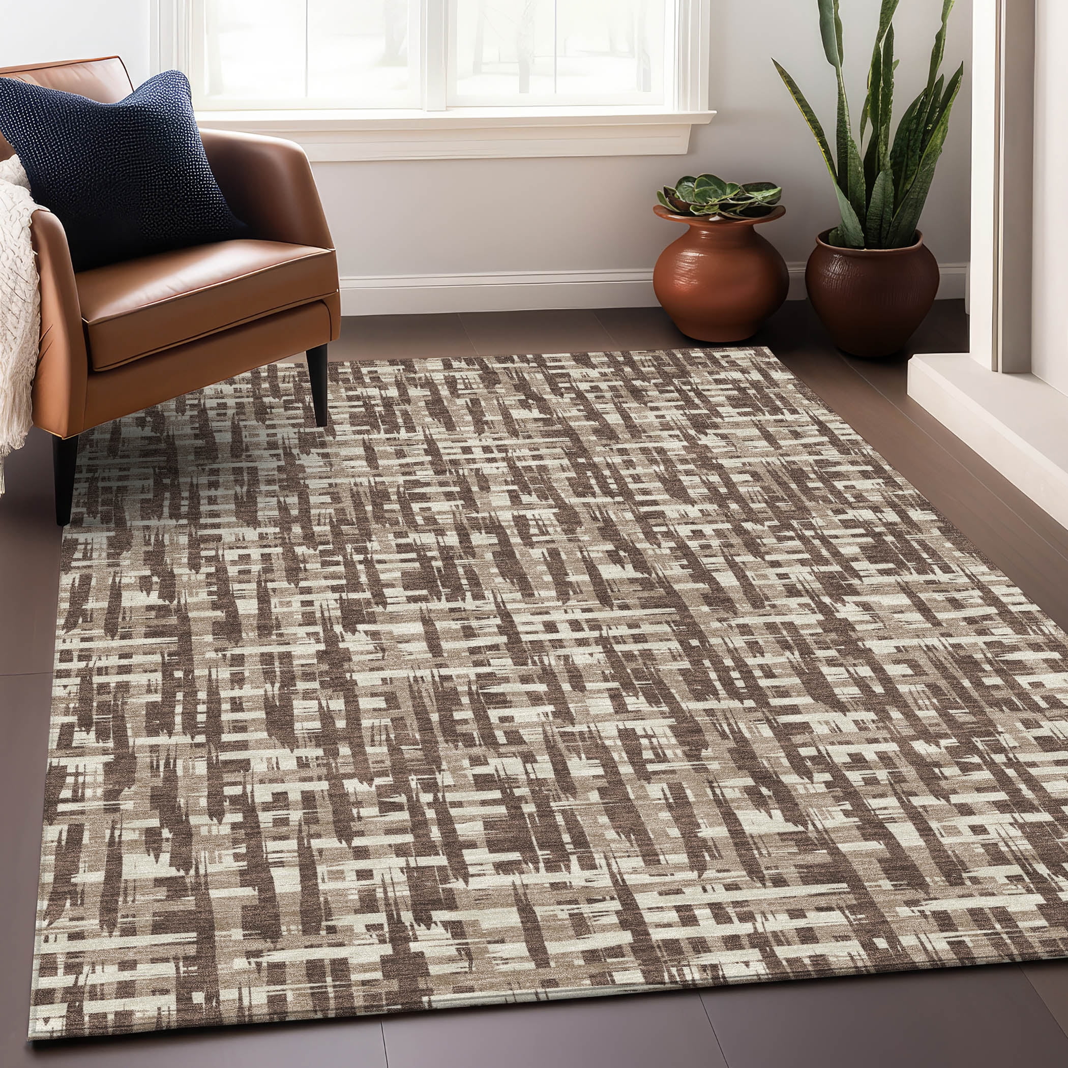 Brown and Beige Synthetic Flat Woven Washable Area Rug