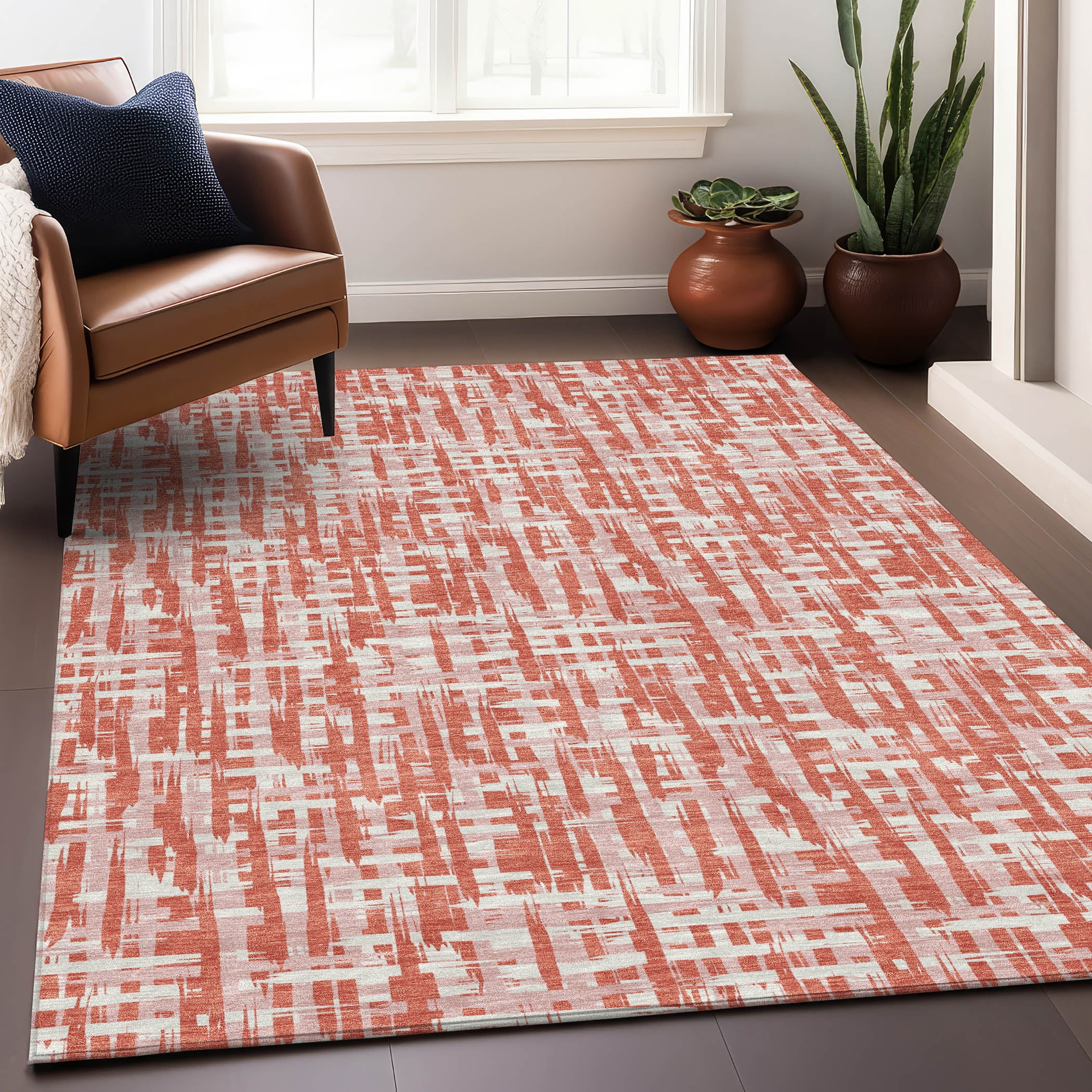 Coral and White Synthetic Washable Rectangular Rug