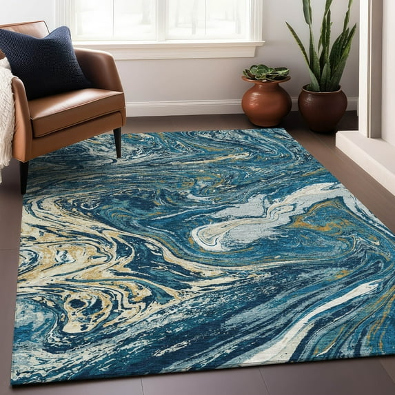 Addison Rugs Chantille Indoor/Outdoor Transitional Geometric, Abstract Navy Washable Rectangle Rug, 5' x 7'6"