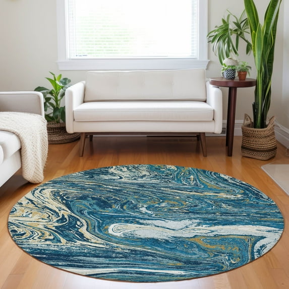 Addison Rugs Chantille Indoor/Outdoor Transitional Geometric, Abstract Navy Washable Round Rug, 8' x 8'