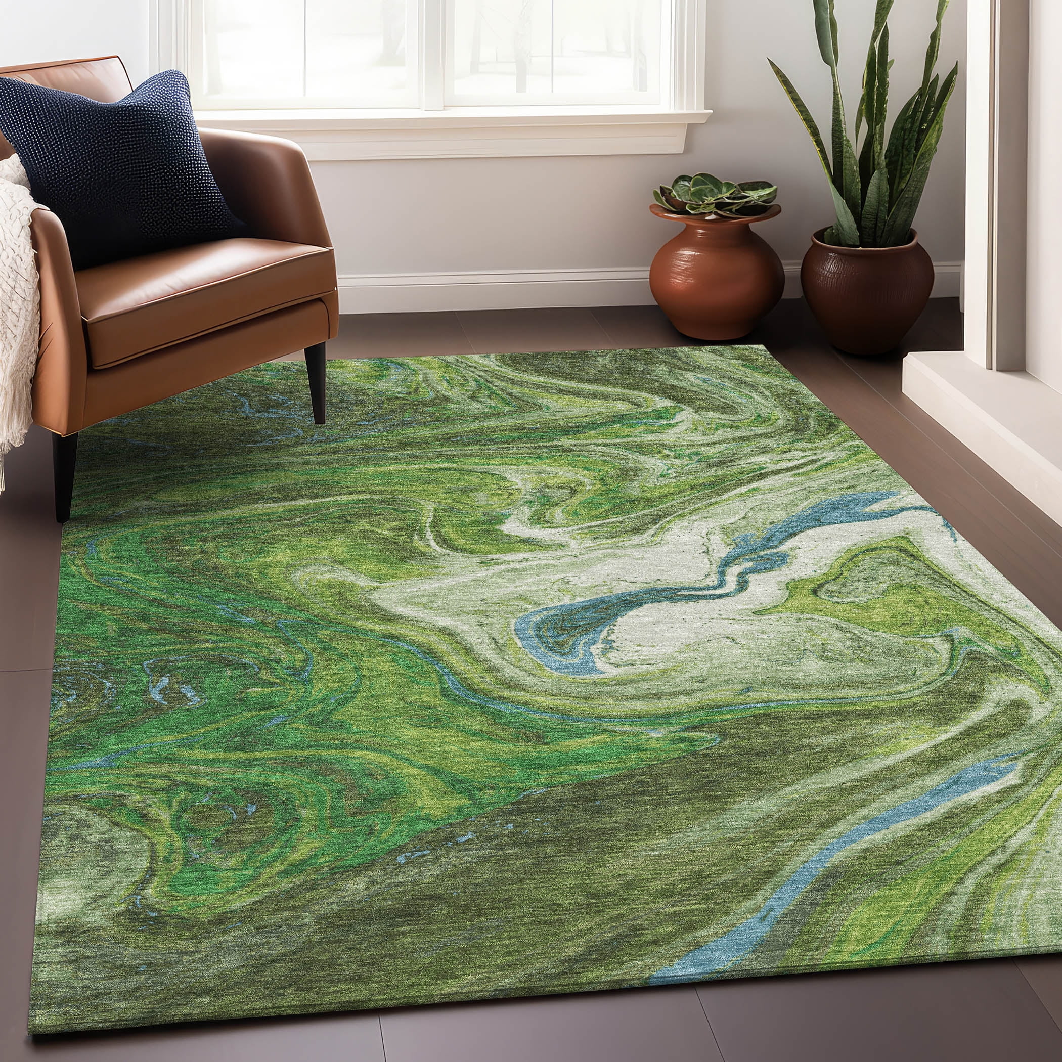 Green Abstract Synthetic 5' x 7' Washable Area Rug