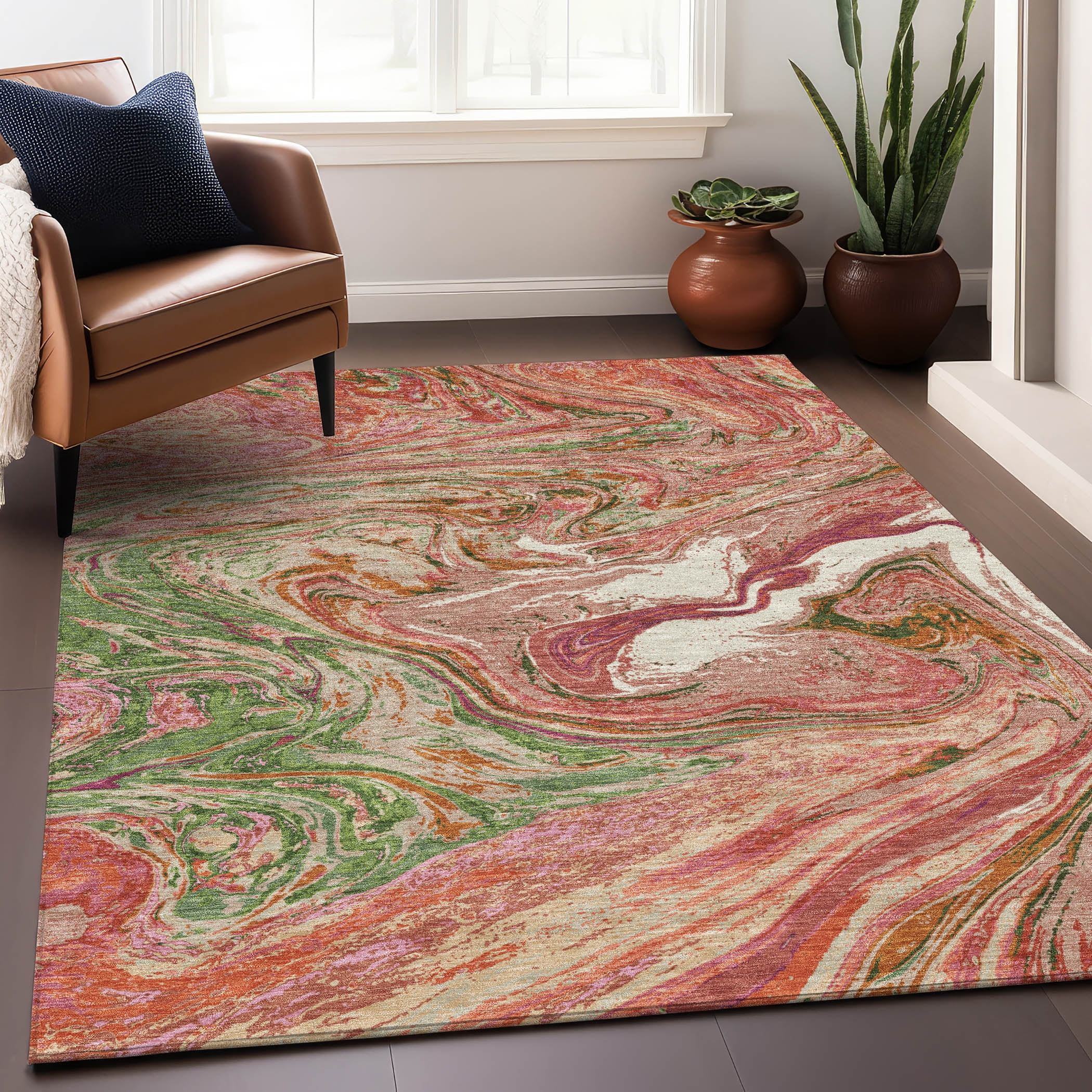 Abstract Swirl Orange and Green Indoor Outdoor Area Rug