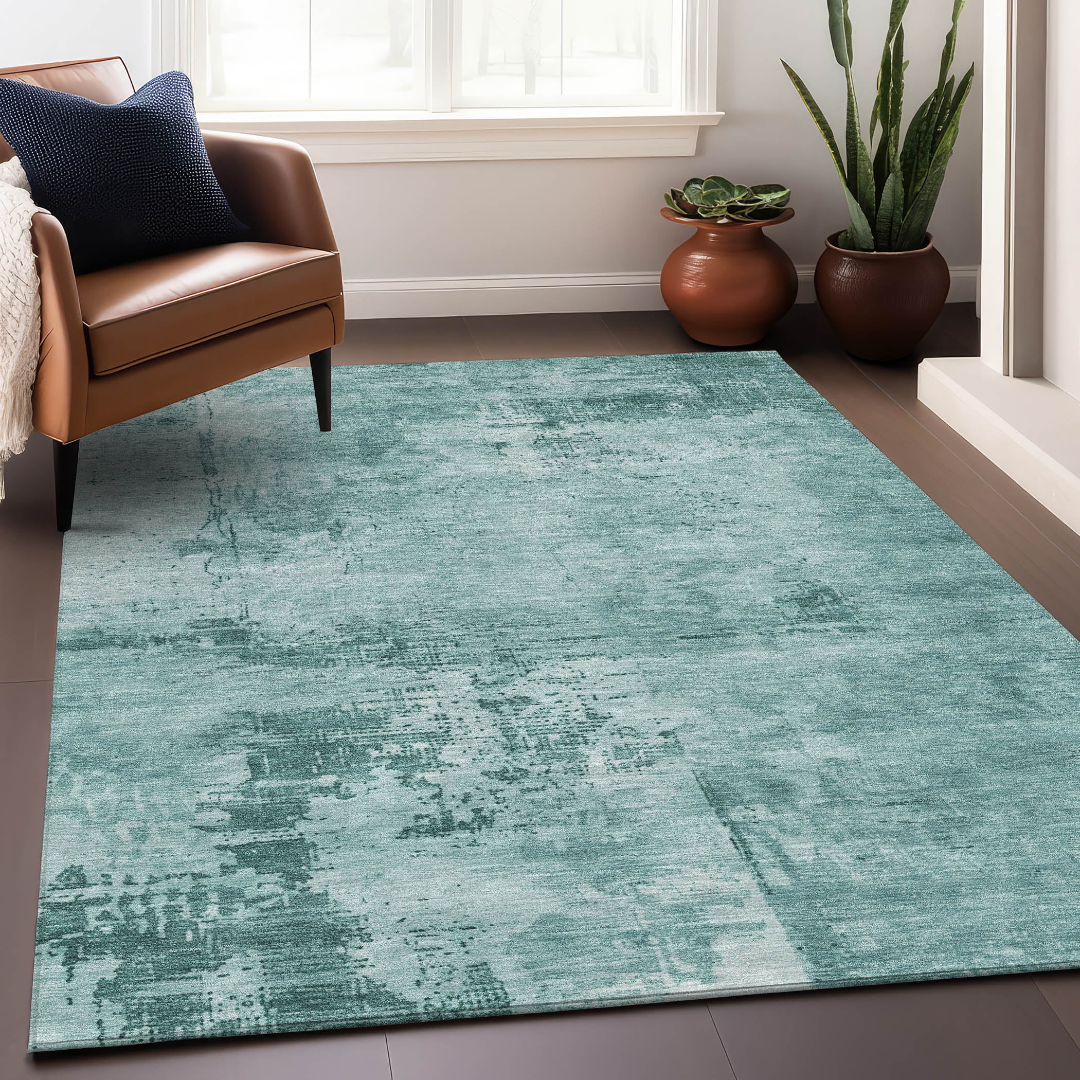 Teal Abstract Washable Synthetic Indoor/Outdoor Rug 2'6" x 3'10"