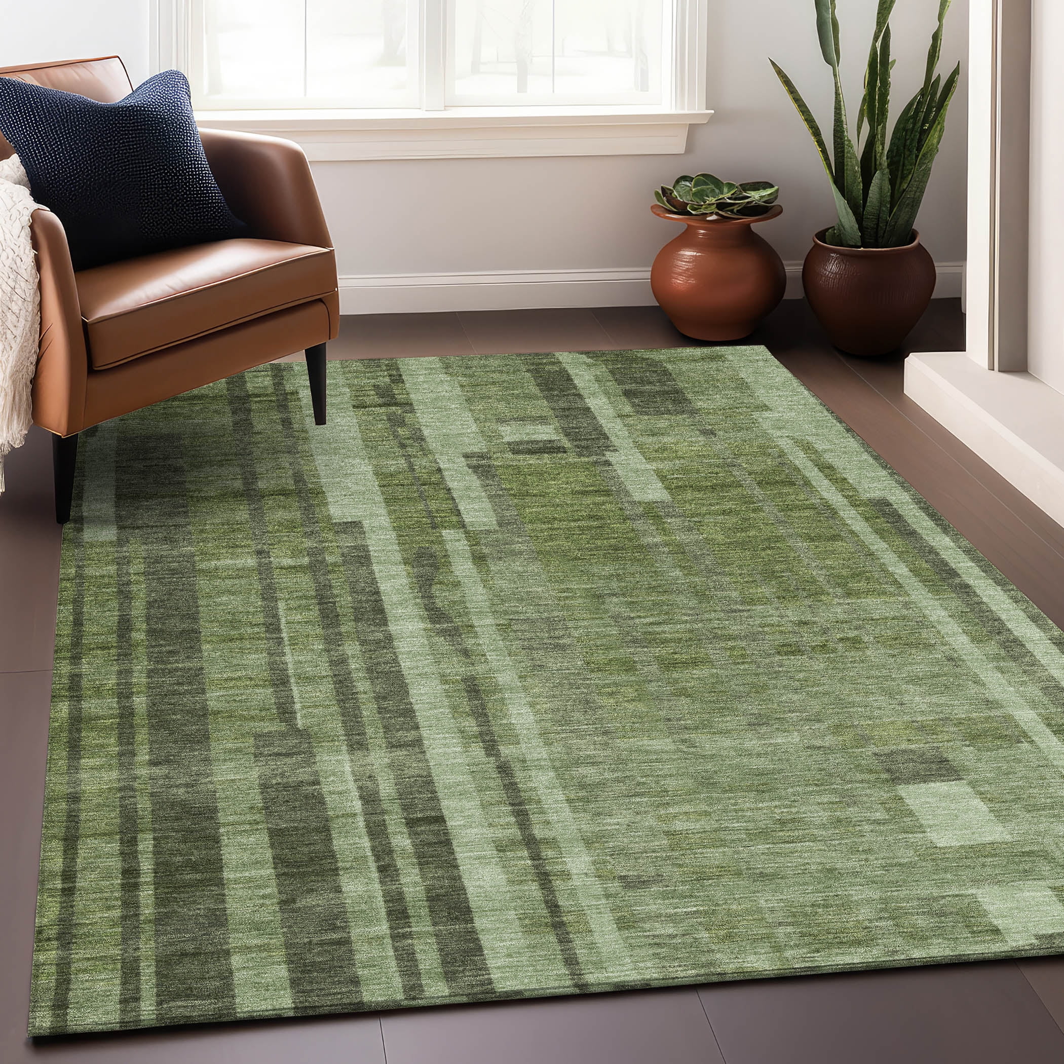 Green Striped Synthetic Washable Indoor/Outdoor Rug 2'6" x 3'10"