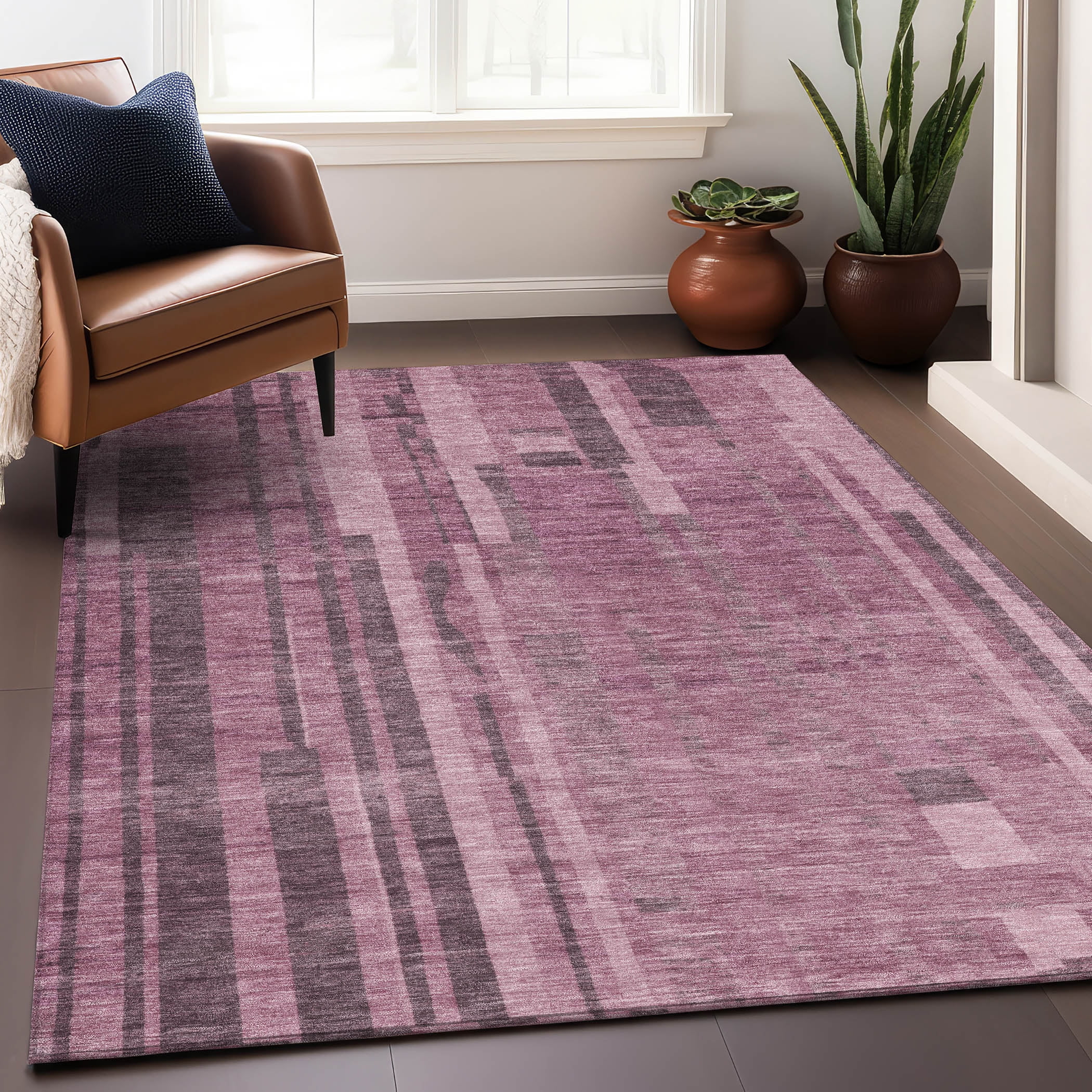 Blush and Gray Synthetic Stripe Washable Indoor/Outdoor Rug