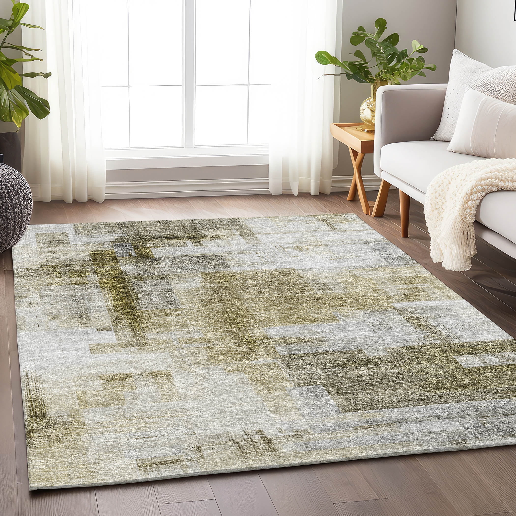 Taupe and Gray Synthetic Washable Indoor Outdoor Area Rug