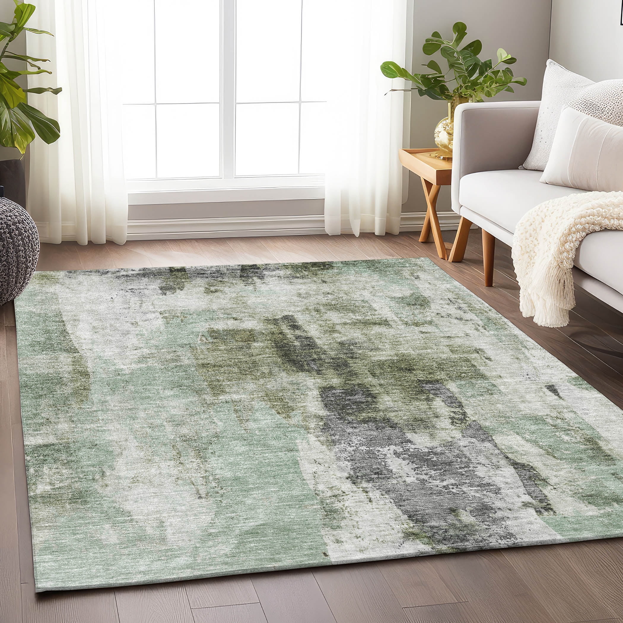 Mint Green Abstract Synthetic Washable Area Rug 2'6" x 3'10"