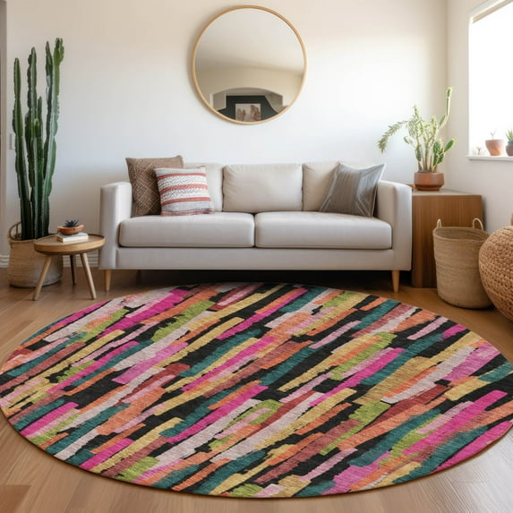 Addison Rugs Chantille Indoor/Outdoor Transitional Stripes Pink Washable Round Rug, 8' x 8'