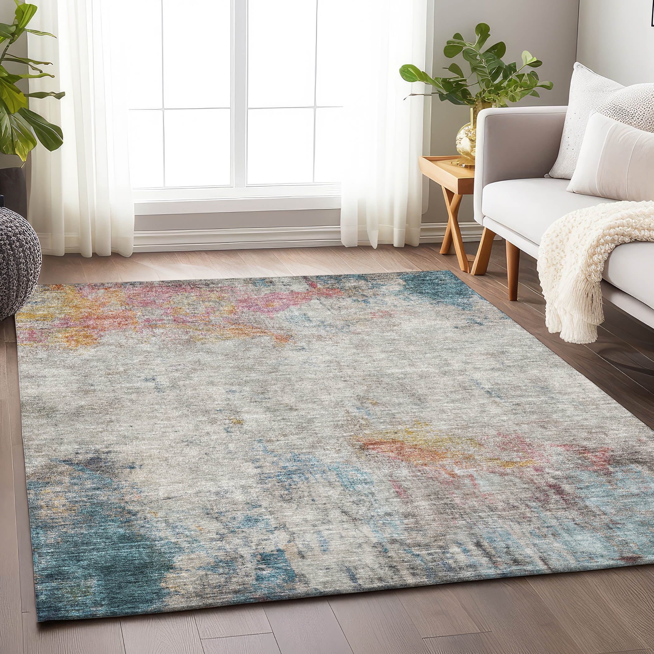 Teal and Multicolor Flat Woven Synthetic Rectangular Rug