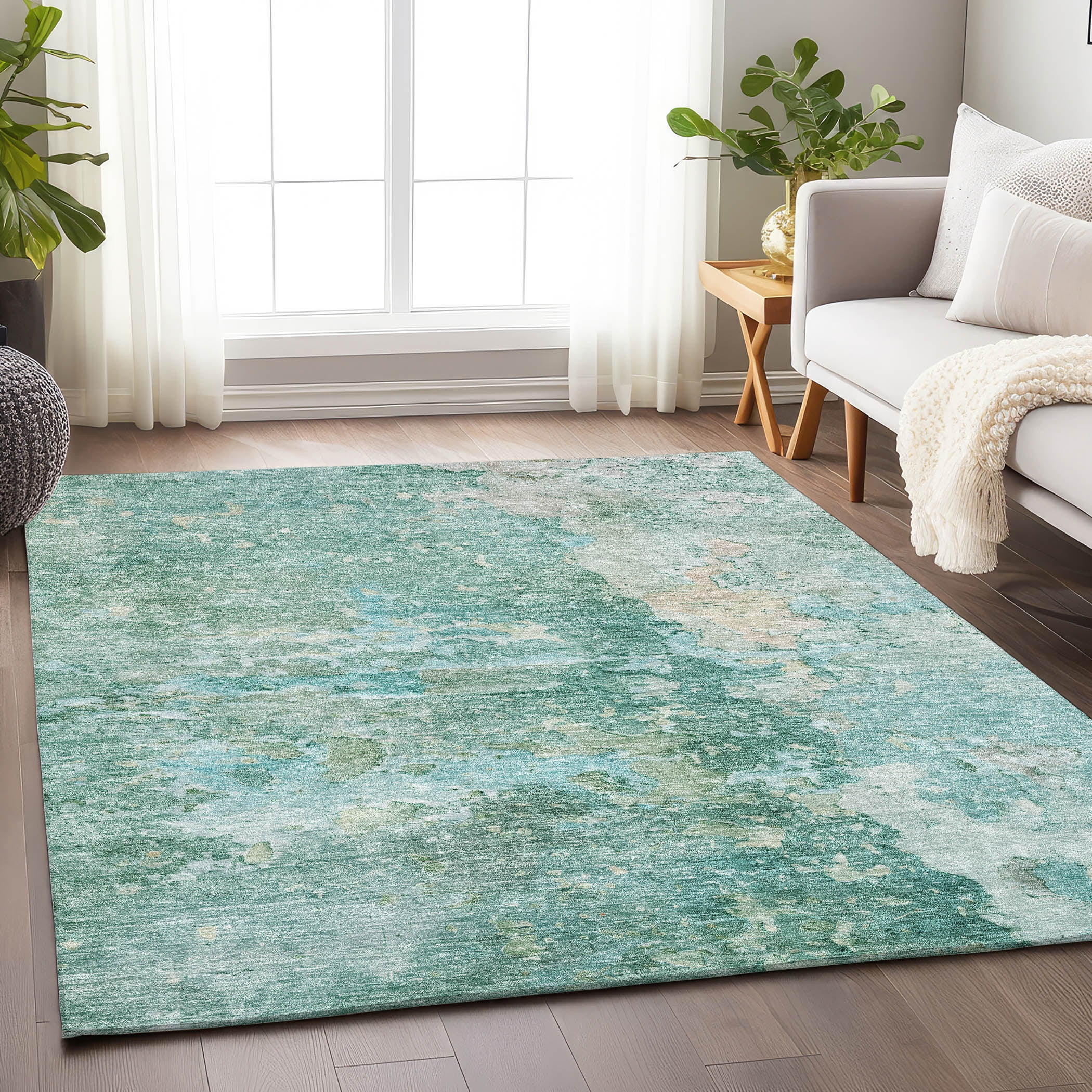 Emerald Green Rectangular Washable Synthetic Area Rug