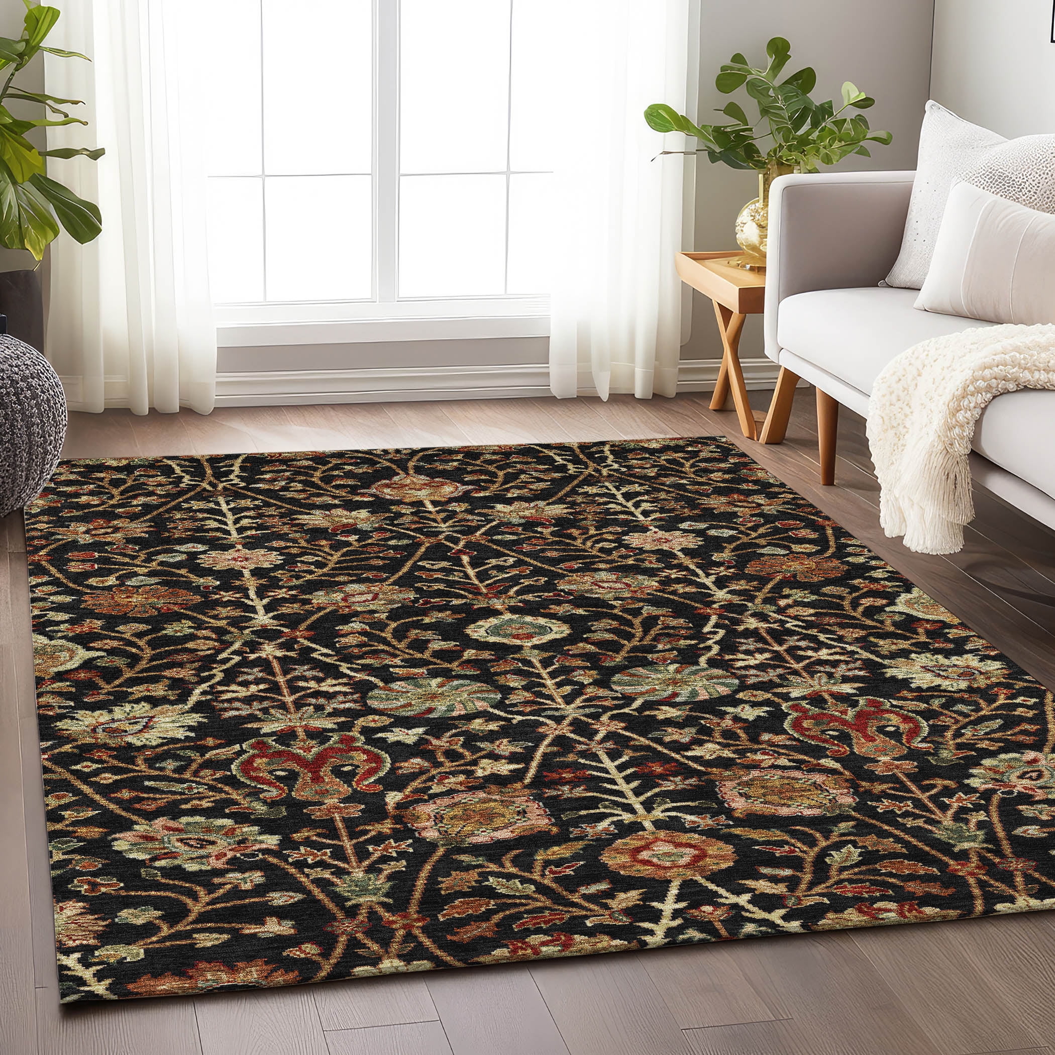Black Floral Synthetic Rectangular Washable Area Rug