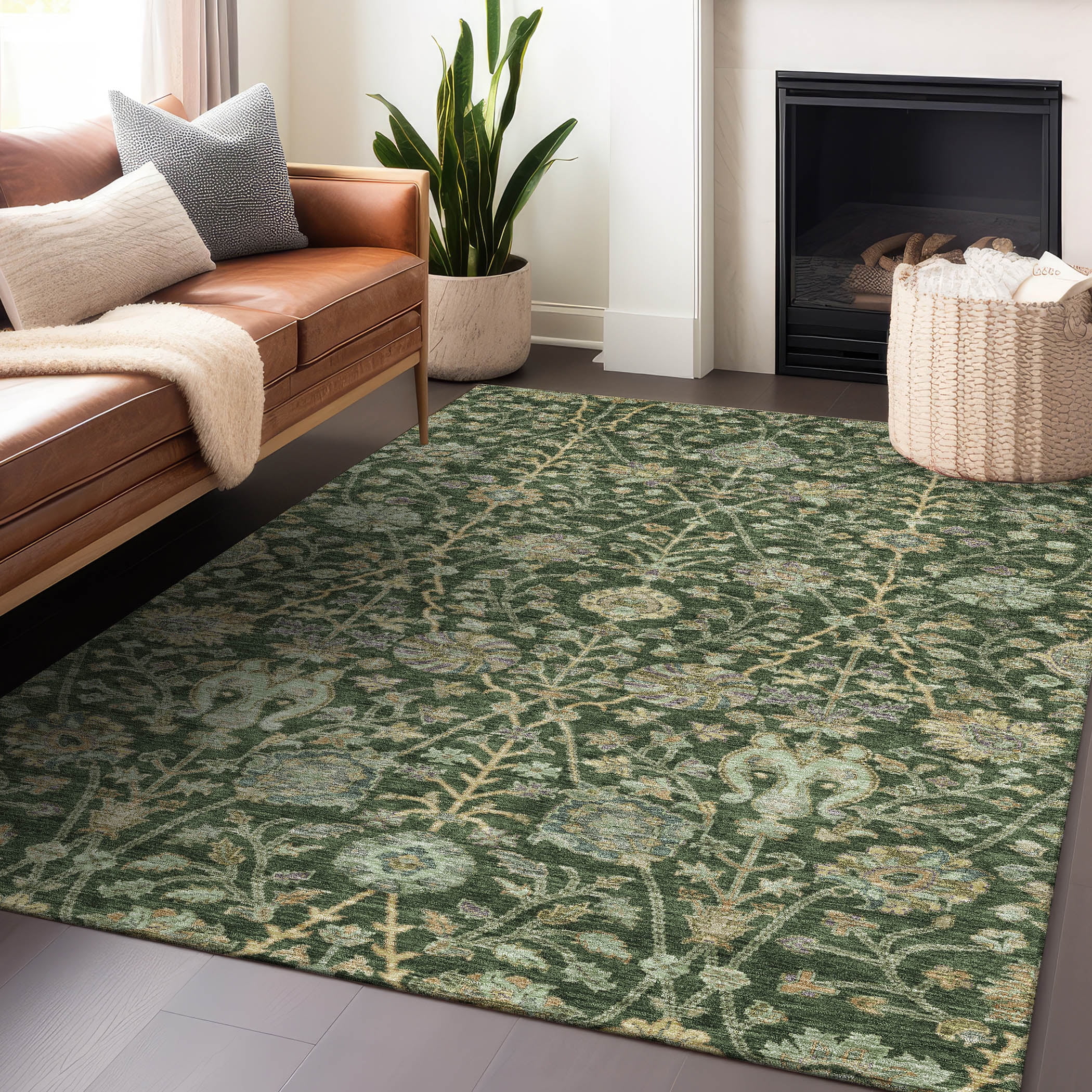 Green Floral Synthetic Flat Woven 5' x 7' Area Rug