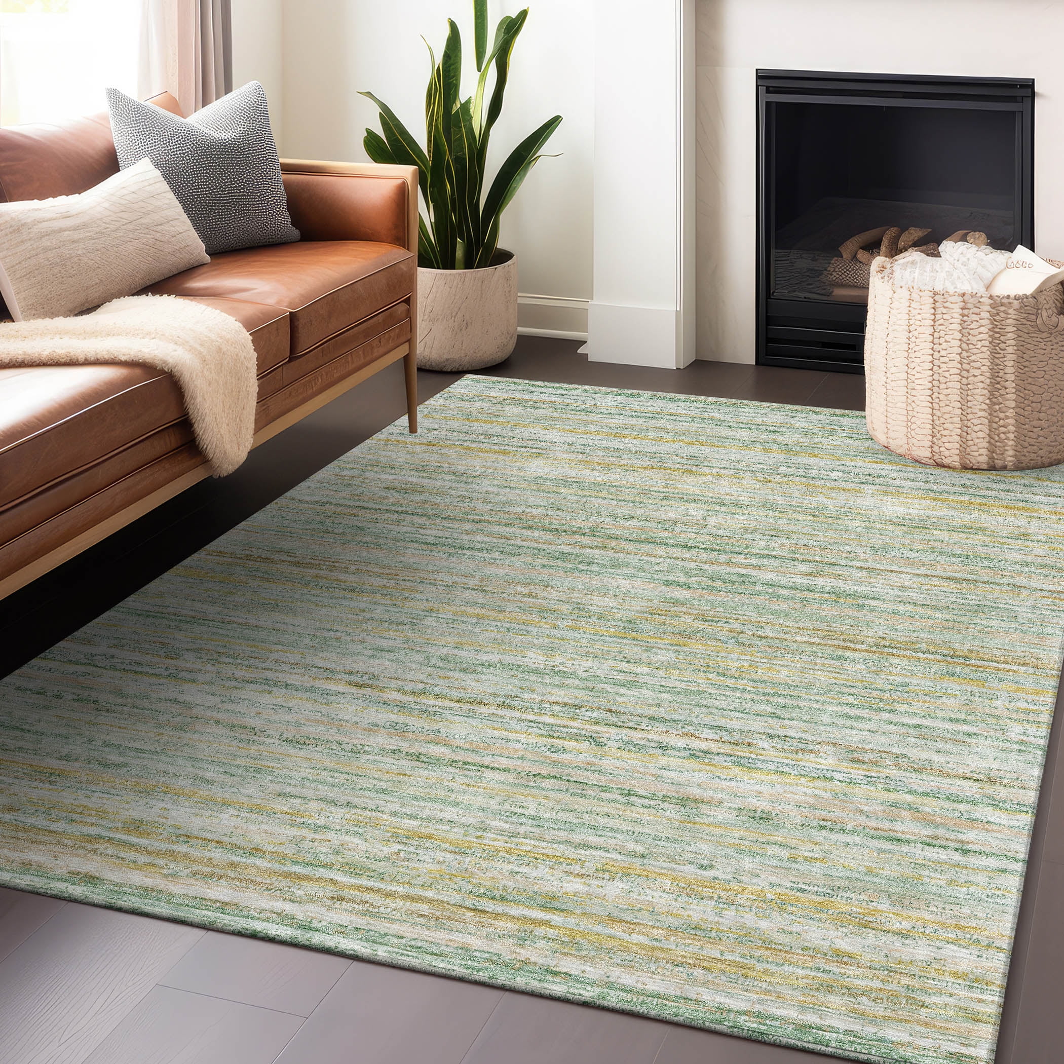 Mint and Beige Striped Synthetic Washable Rug 46" x 30"