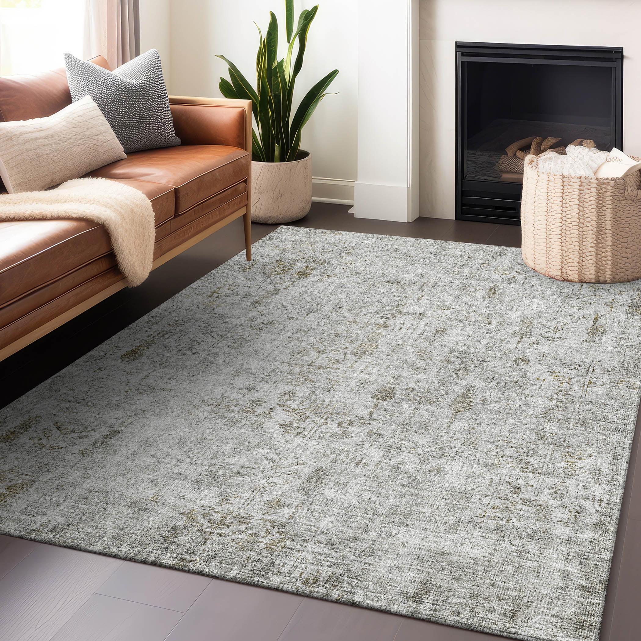Silver Floral Washable Rectangular Area Rug 2'6" x 3'10"