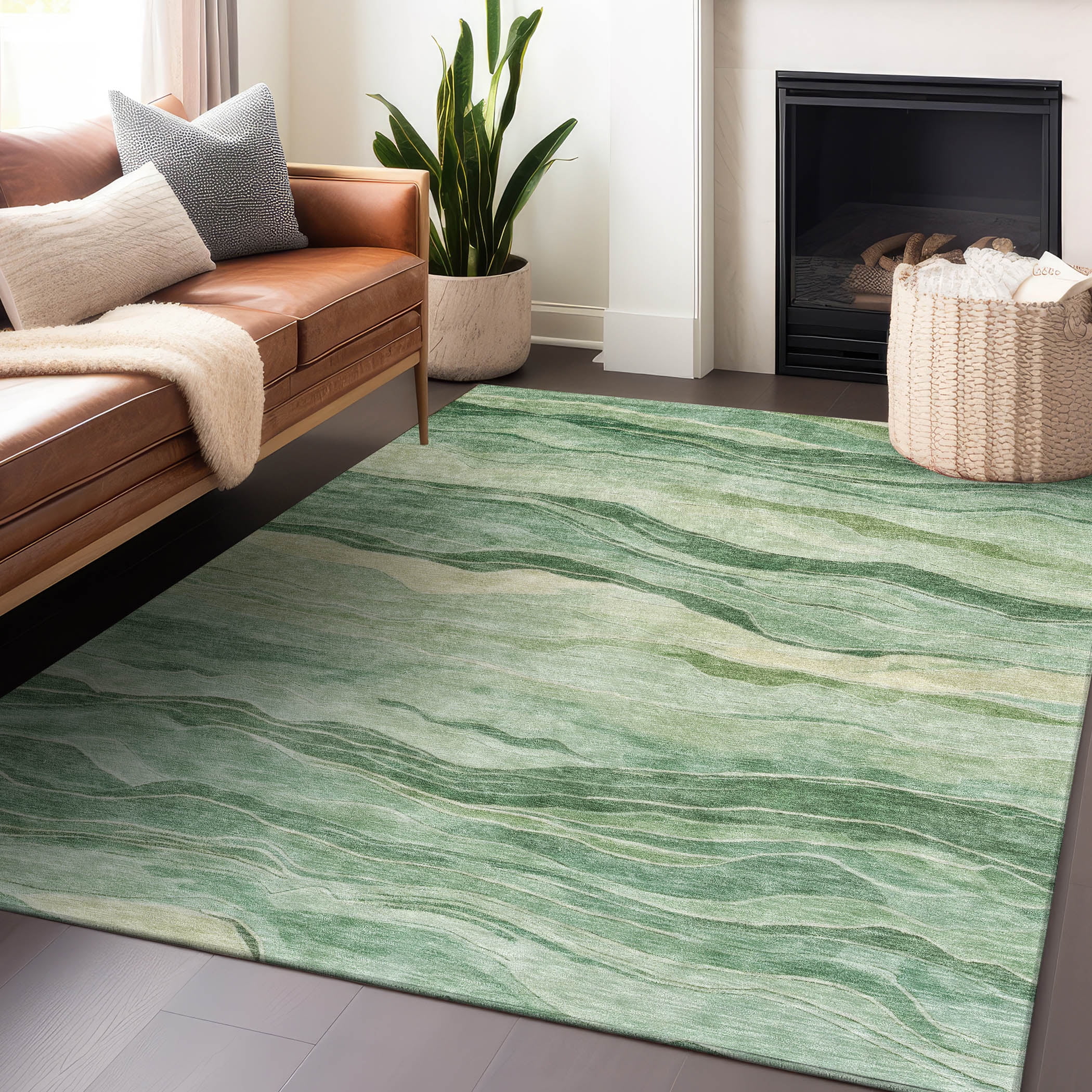Green Striped Synthetic Washable Indoor/Outdoor Rug 46" x 30"