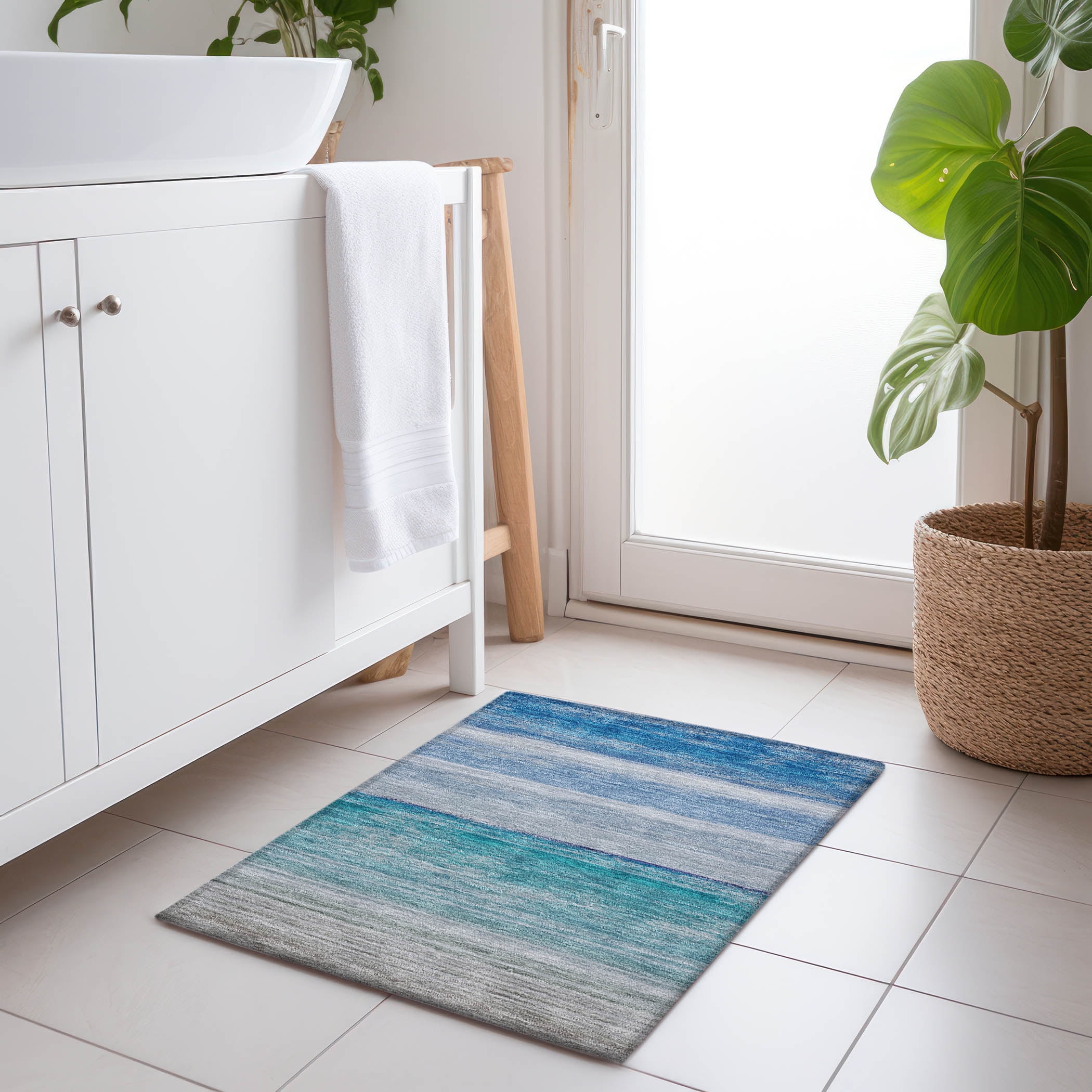 Sky Blue and Gray Rectangular Washable Synthetic Rug