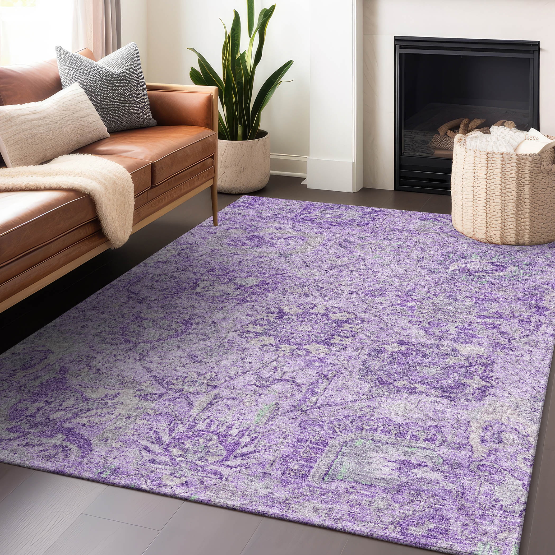 Lavender Damask Ultra-Thin Machine Washable Indoor/Outdoor Rug