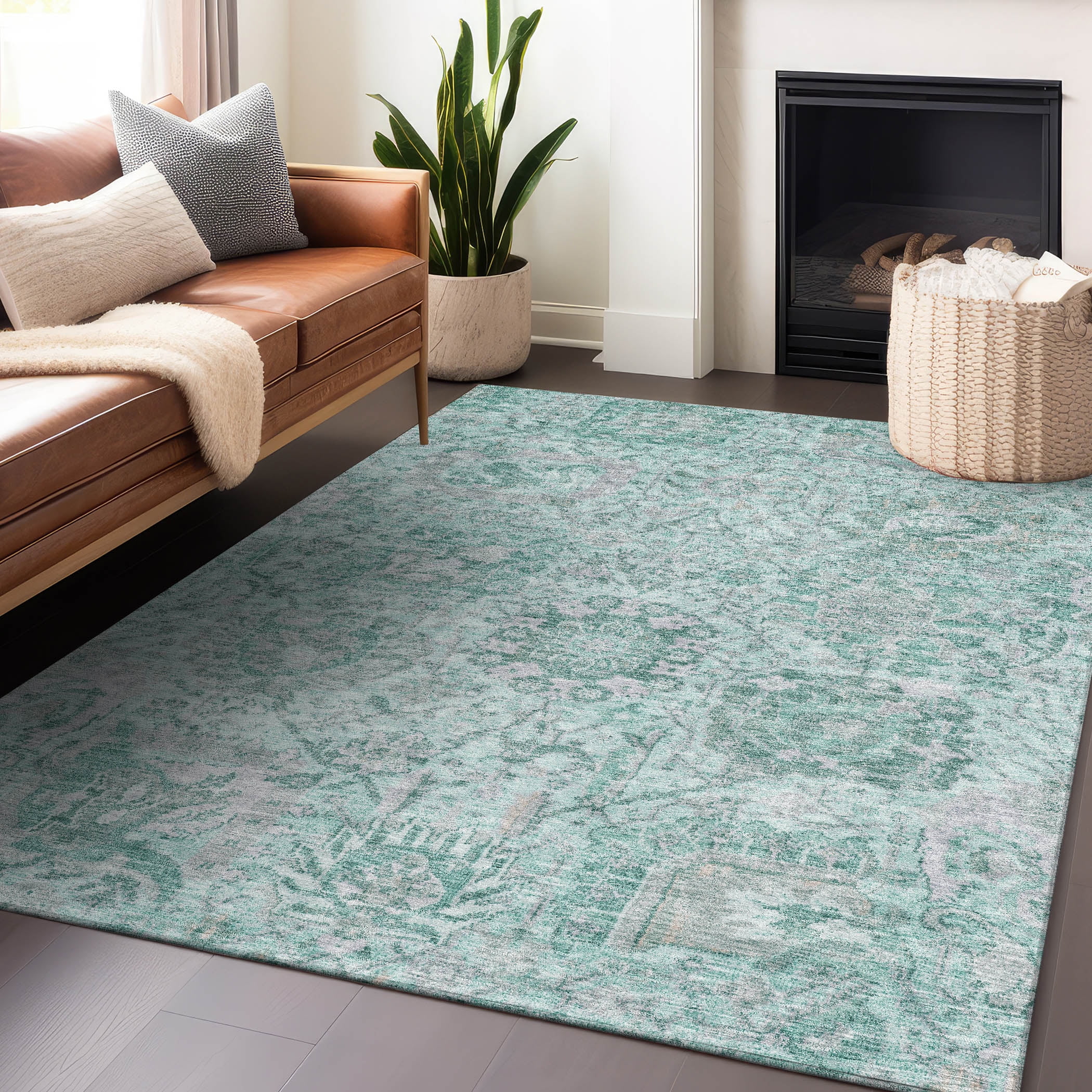 Teal Damask Motif Washable Synthetic Indoor/Outdoor Rug 3' x 5'