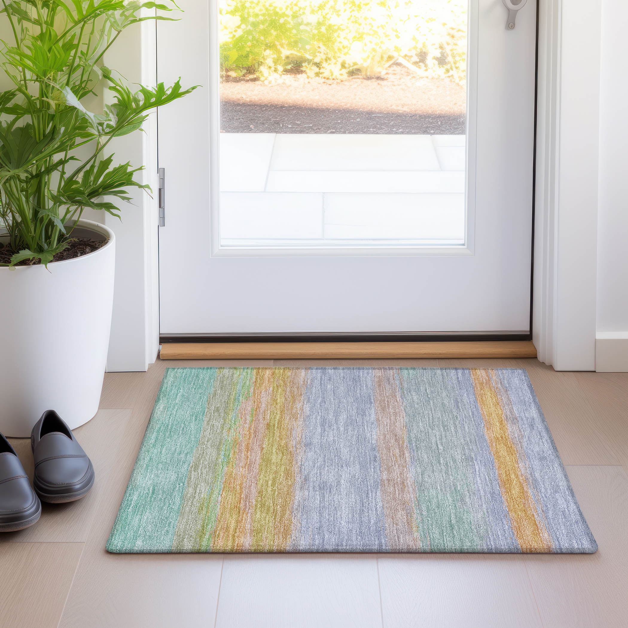 Lavender and Multicolor Stripe Synthetic Washable Rug 20" x 30"