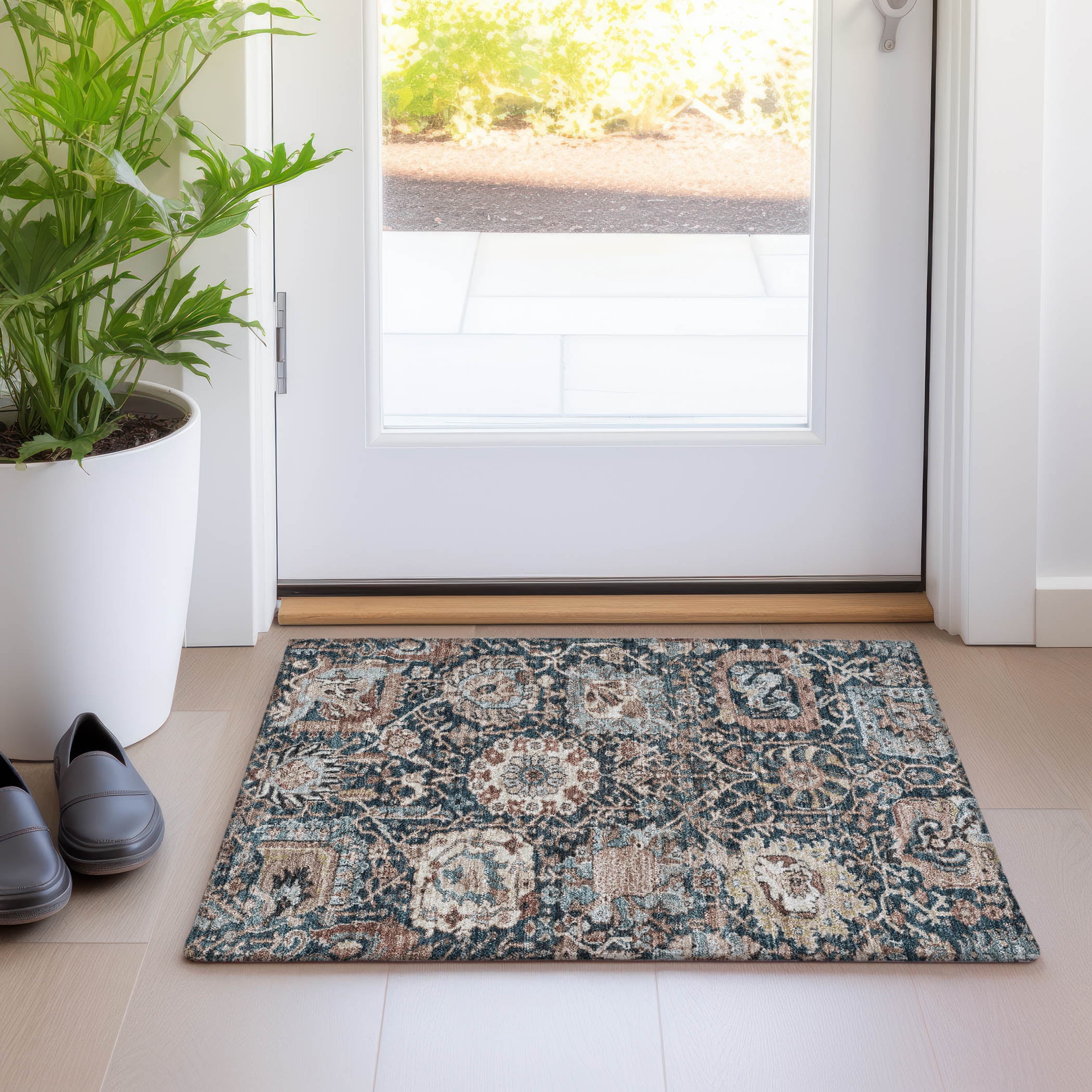 Taupe and Blue Synthetic Washable Rectangular Rug