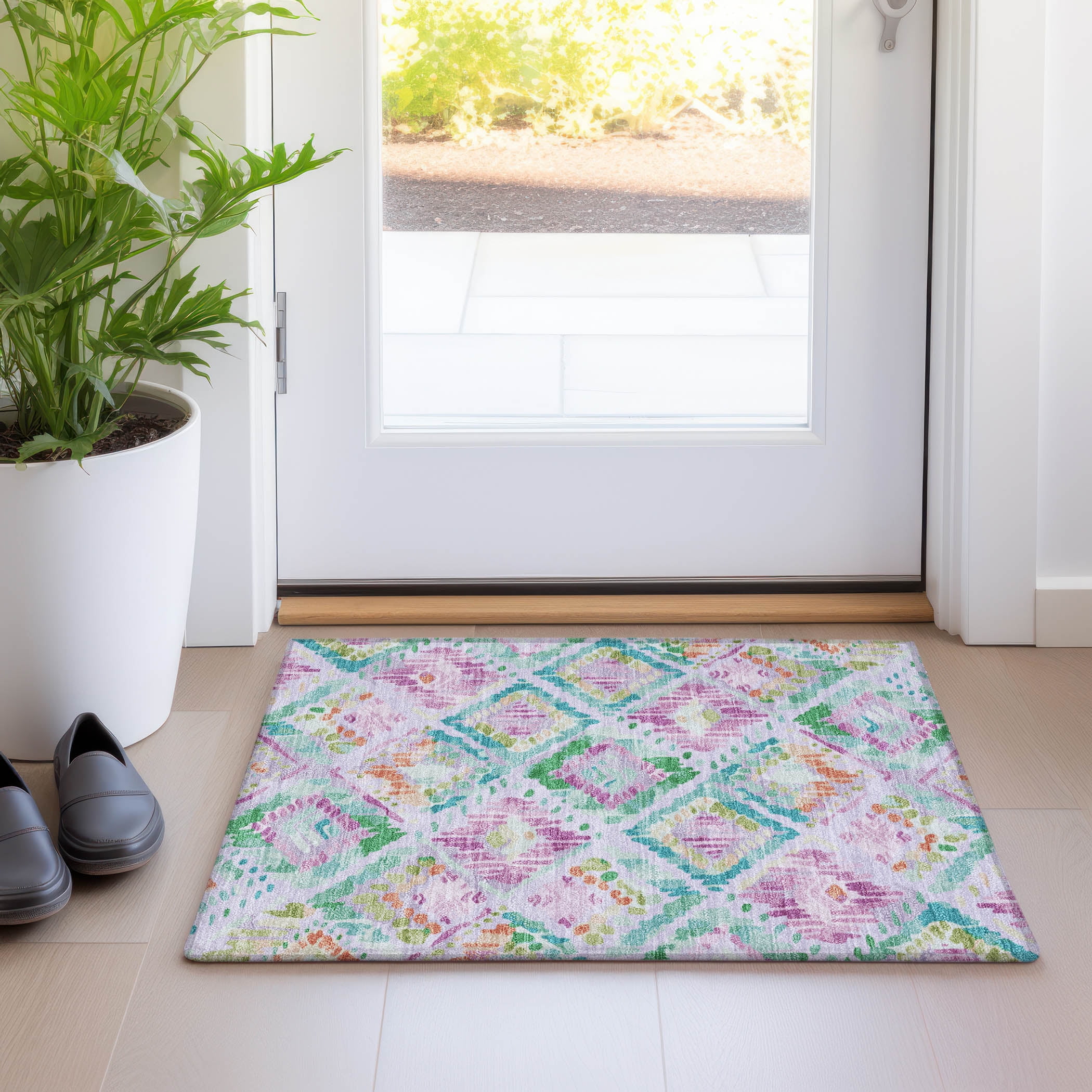 Lavender and Green Geometric Pattern Washable Synthetic Rug