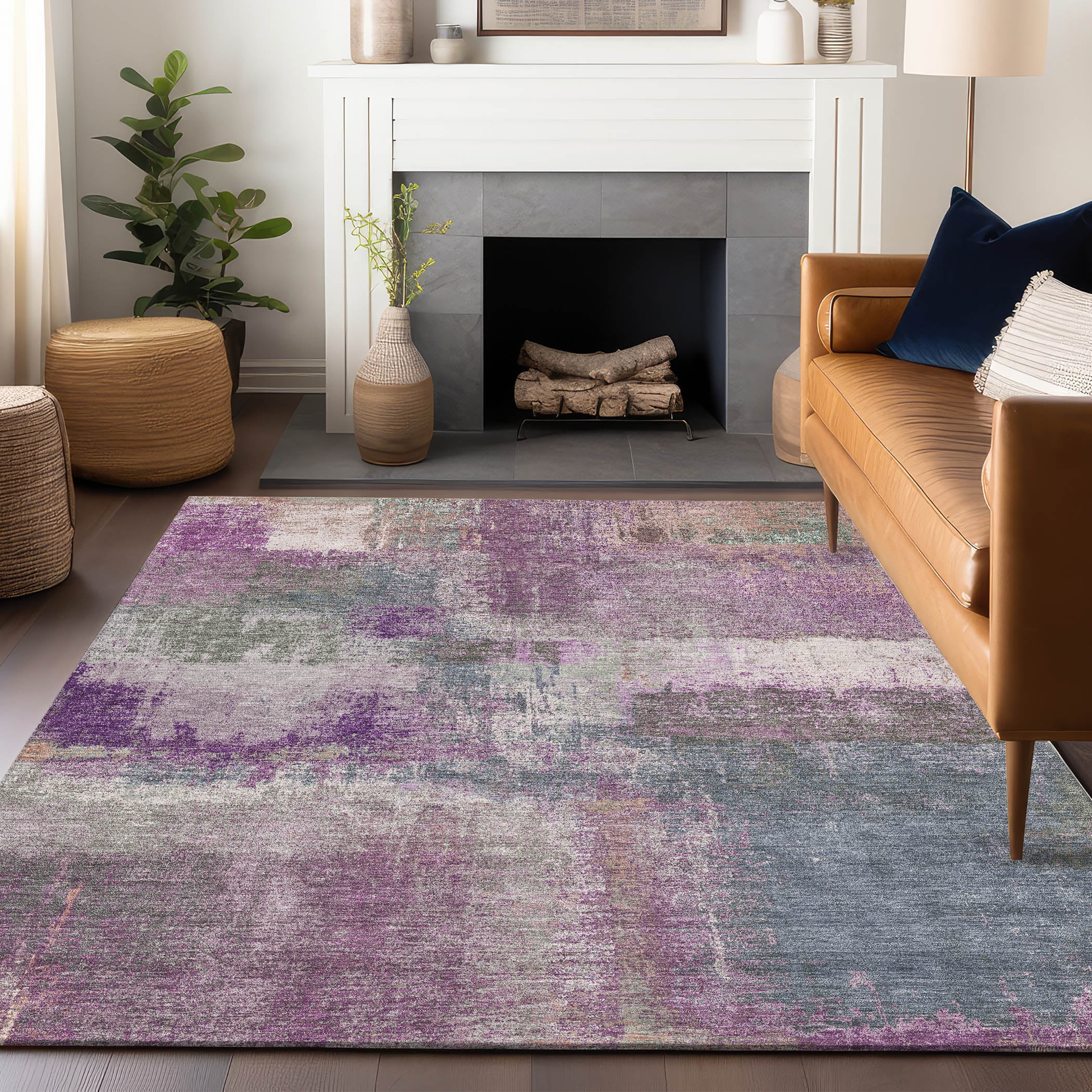 Lavender and Gray Synthetic Washable Rectangular Rug