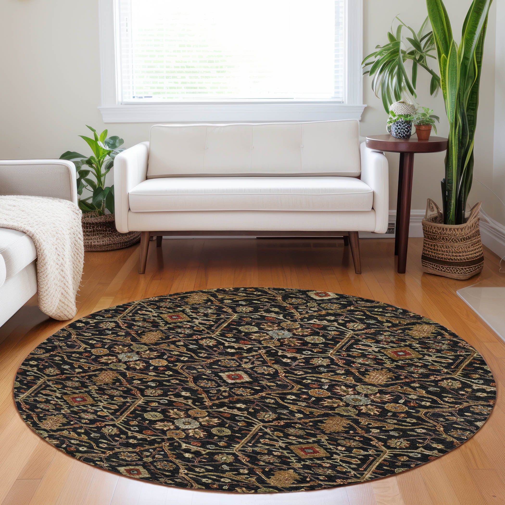 Addison Black Round Synthetic Washable 8' Rug