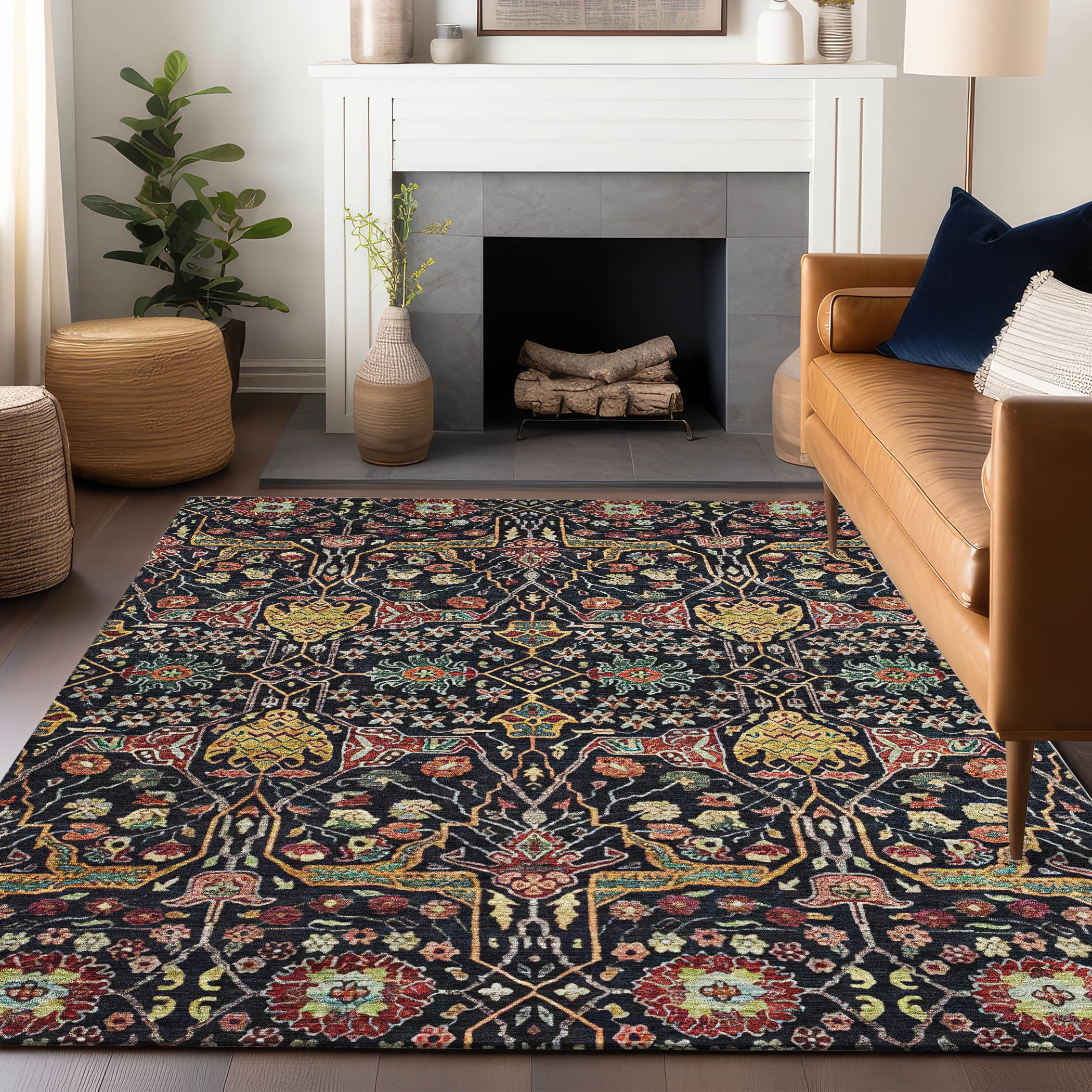 Black Rectangular Synthetic Flat Woven Washable Area Rug