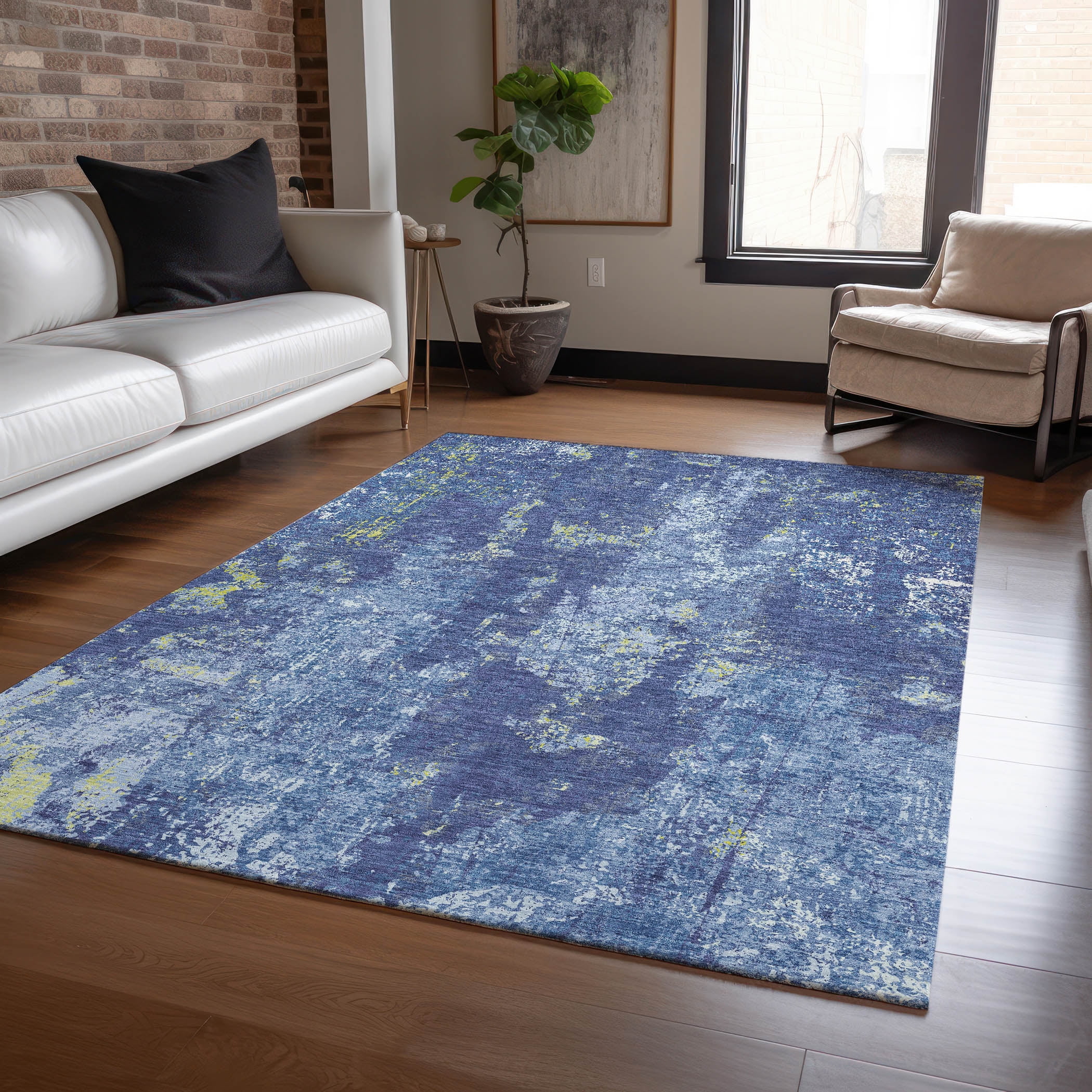 Navy Blue Synthetic Rectangular Washable Indoor/Outdoor Rug