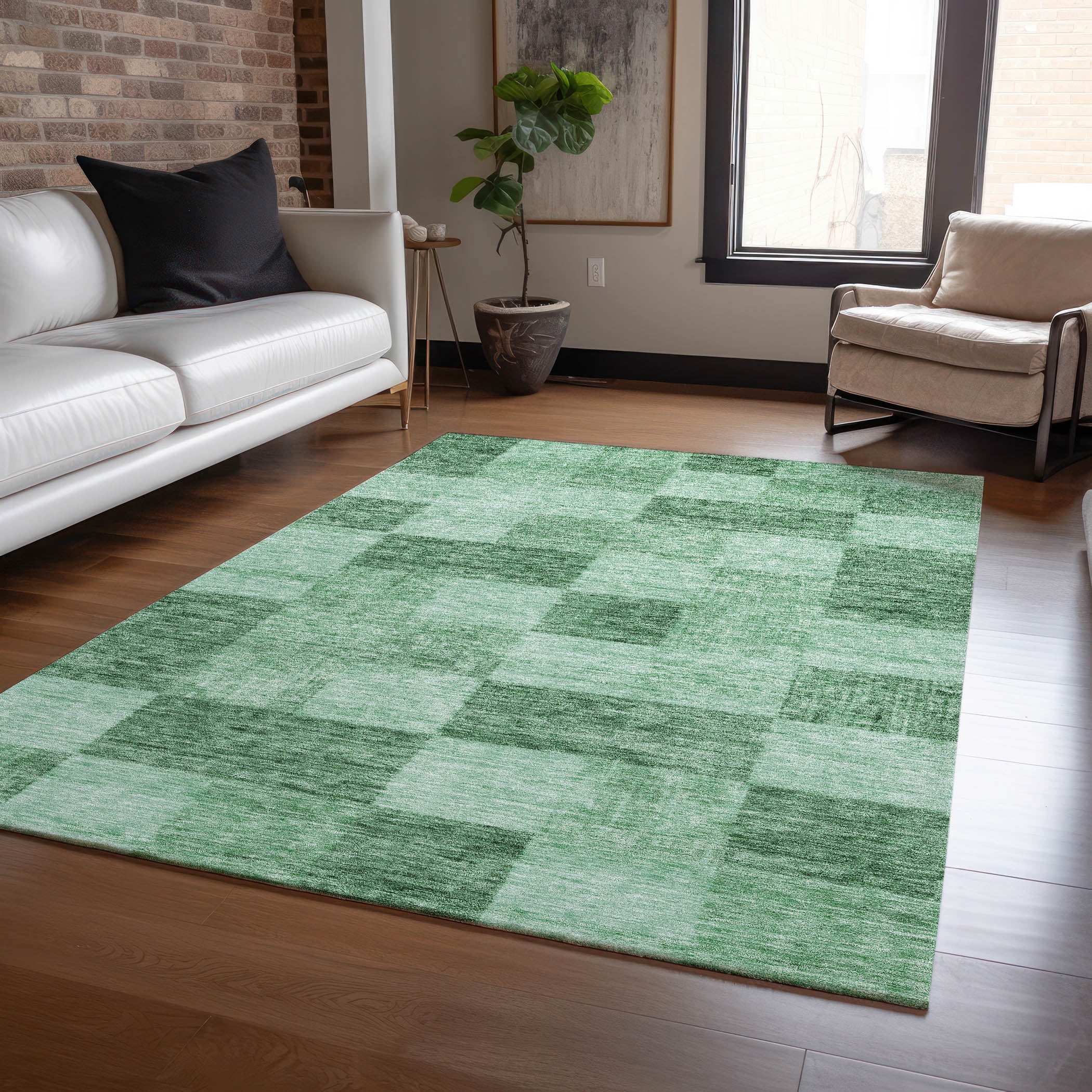 Green Checkerboard Synthetic Indoor Outdoor Area Rug