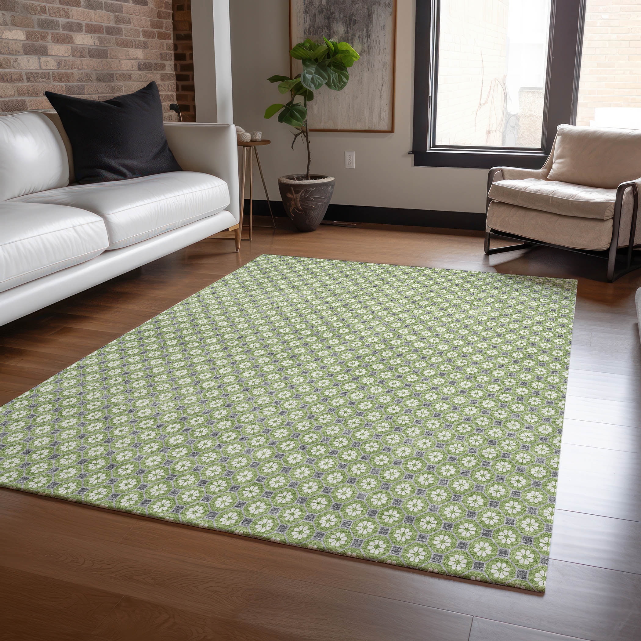 Green and Gray Flat Woven Synthetic Washable Rug