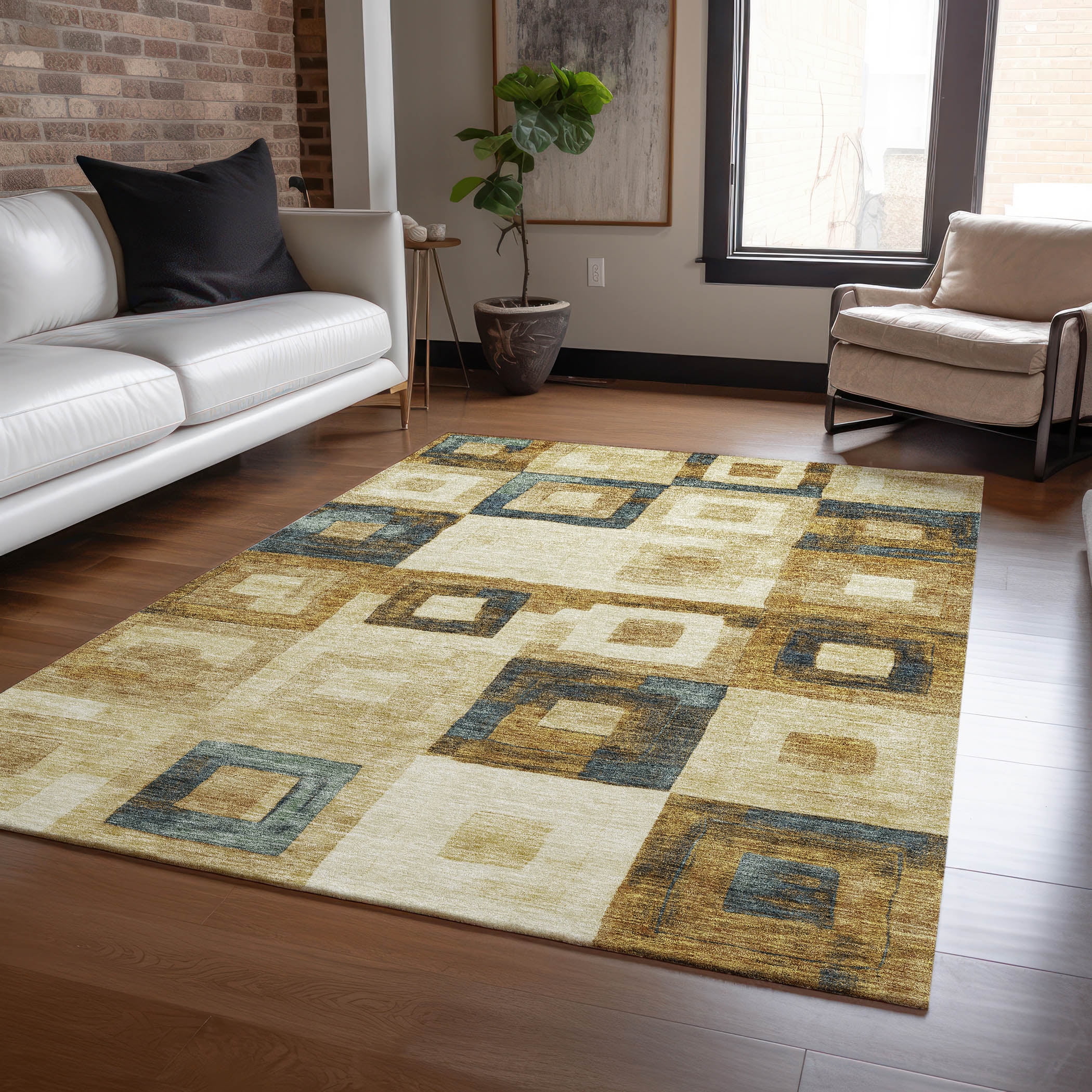 Beige Rectangular Synthetic Washable Indoor/Outdoor Rug 3' x 5'