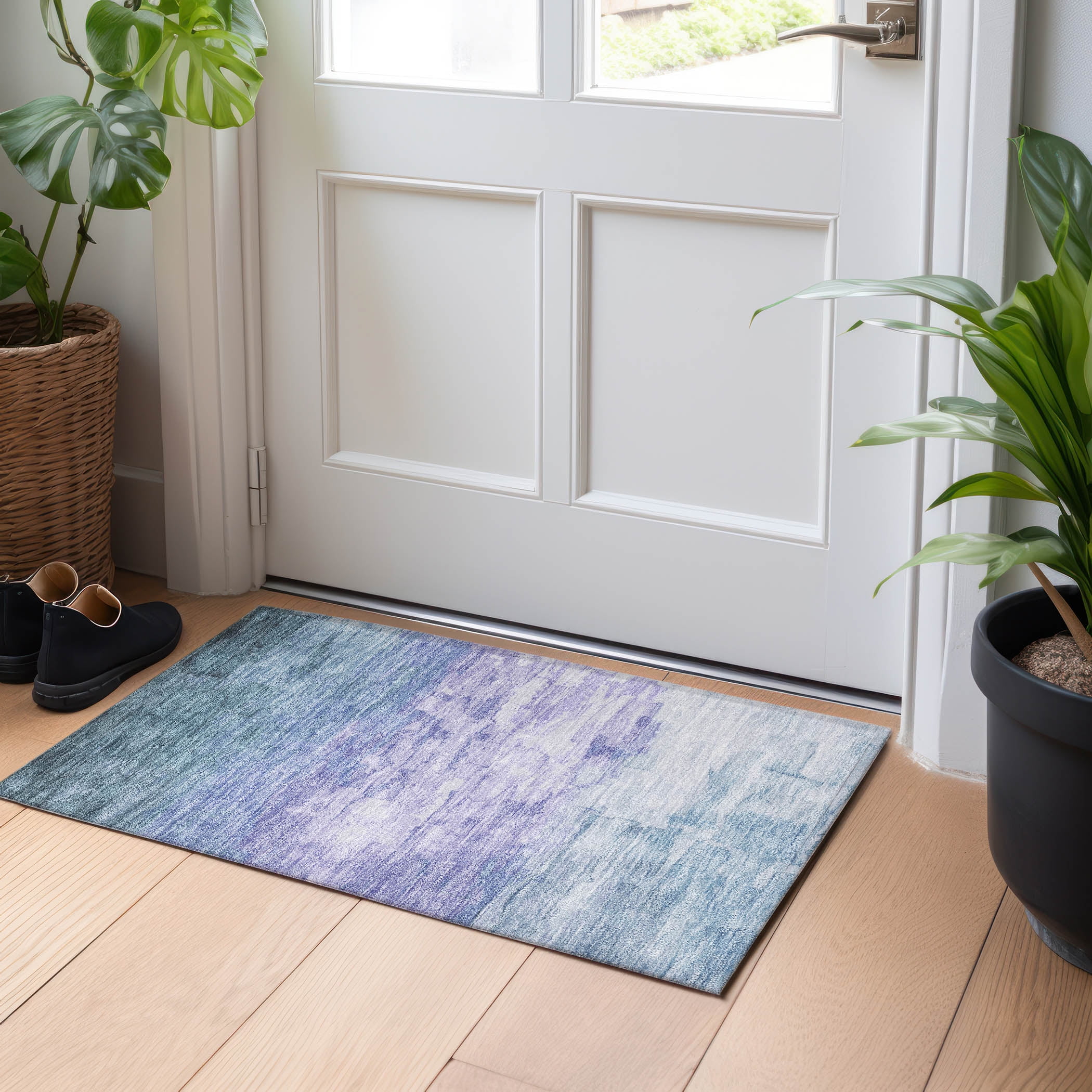 Blue and Purple Striped Synthetic Washable Rug