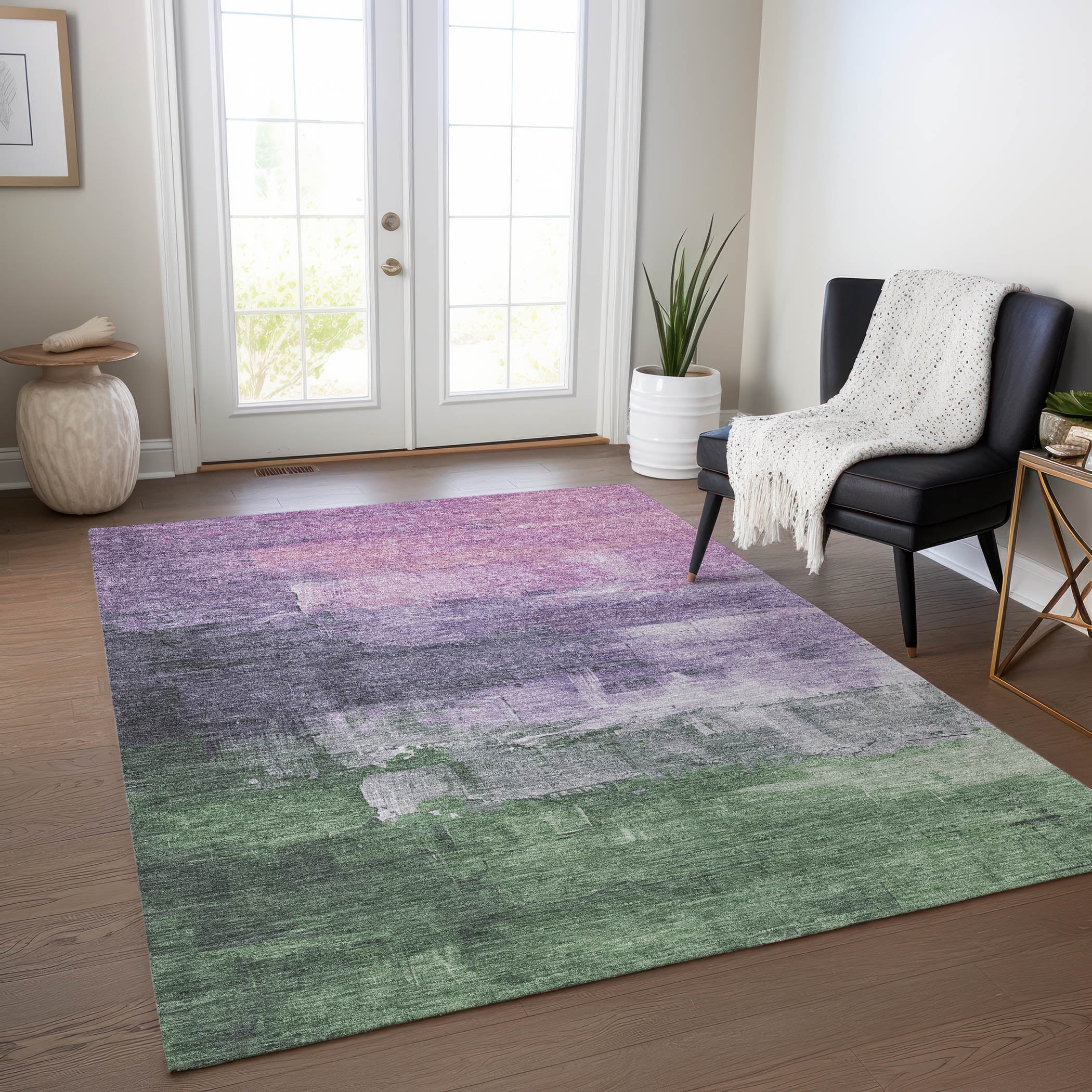 Lavender and Green Washable Synthetic Indoor/Outdoor Rug