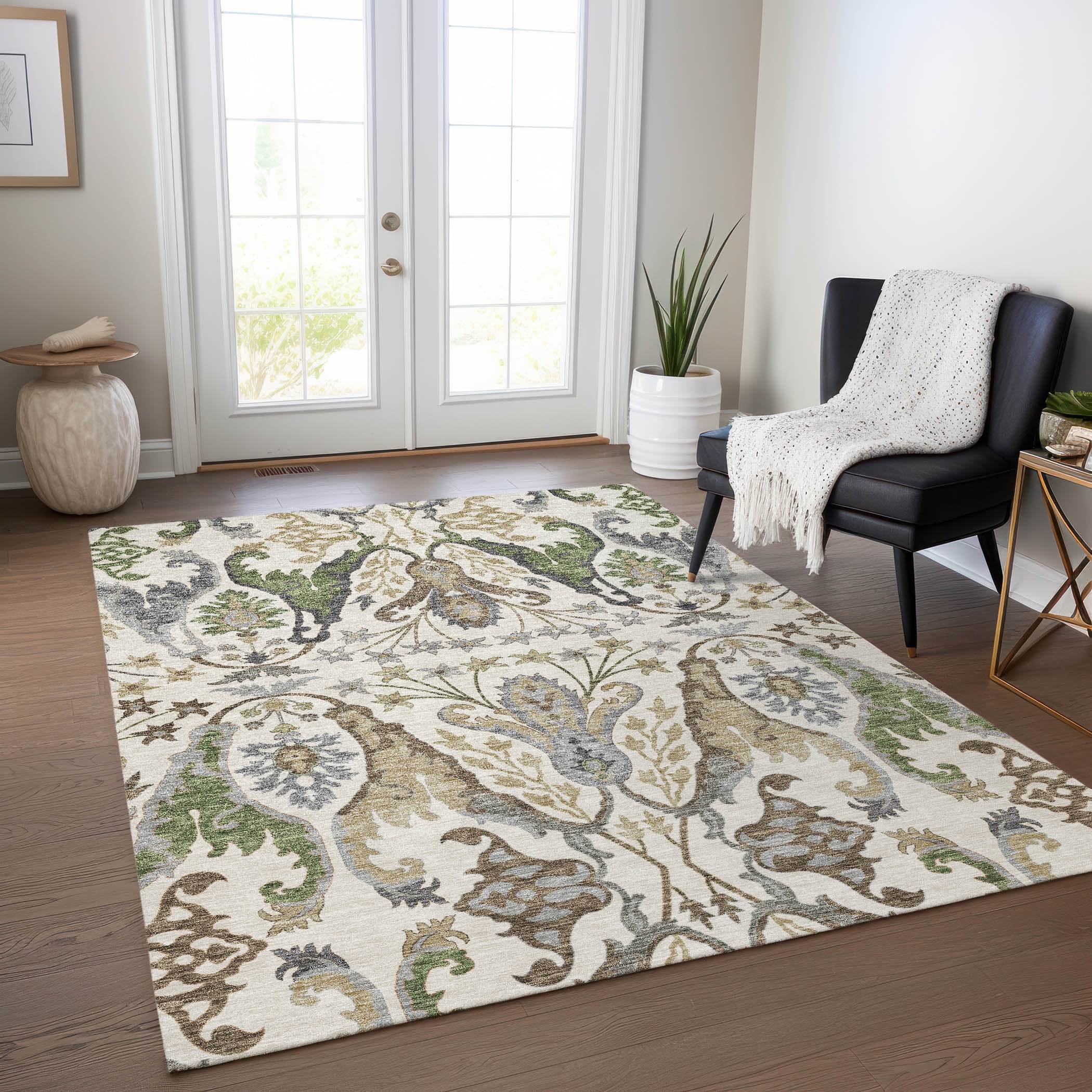 Ivory and Green Washable Rectangular Area Rug