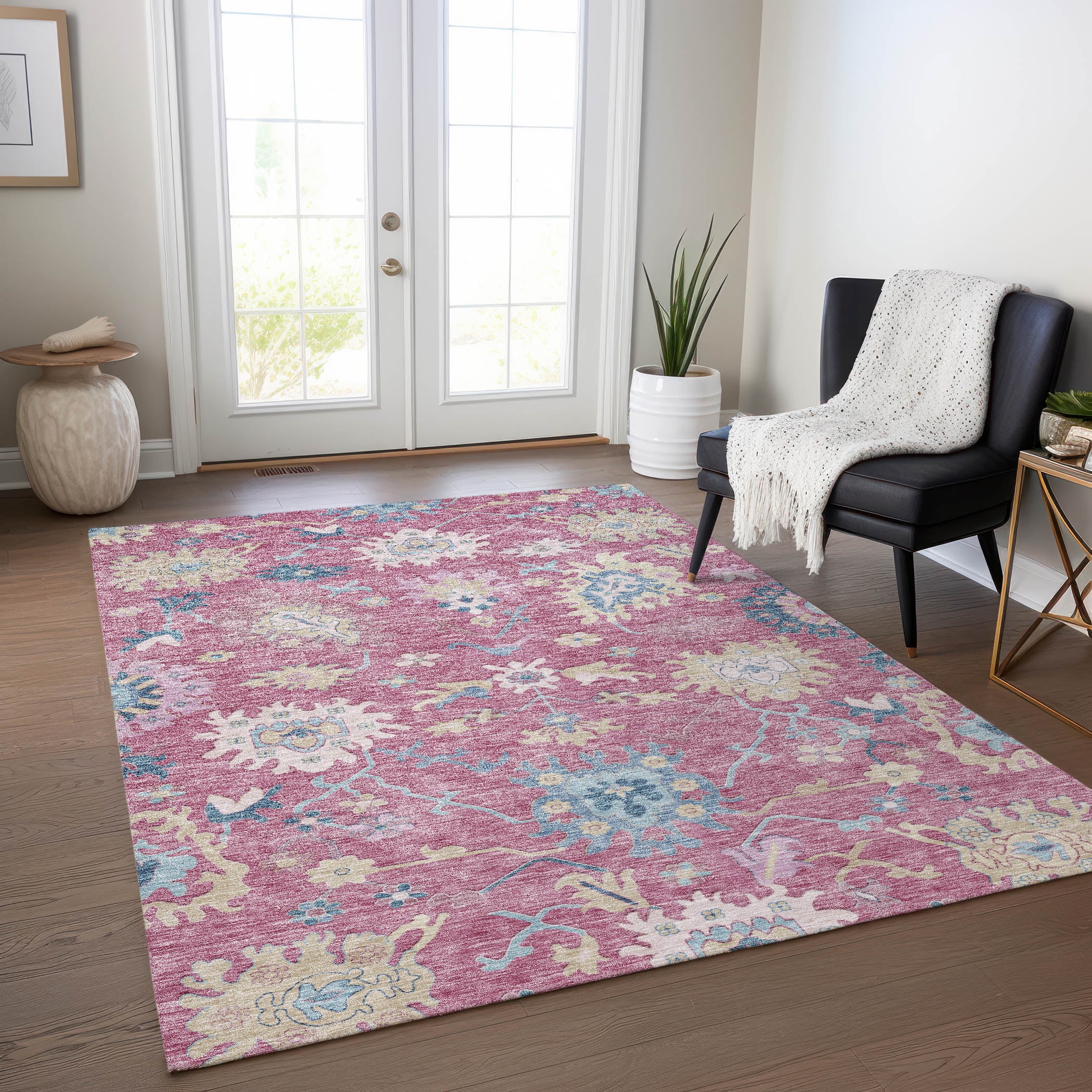 Pink Synthetic 3' x 5' Washable Non-slip Area Rug