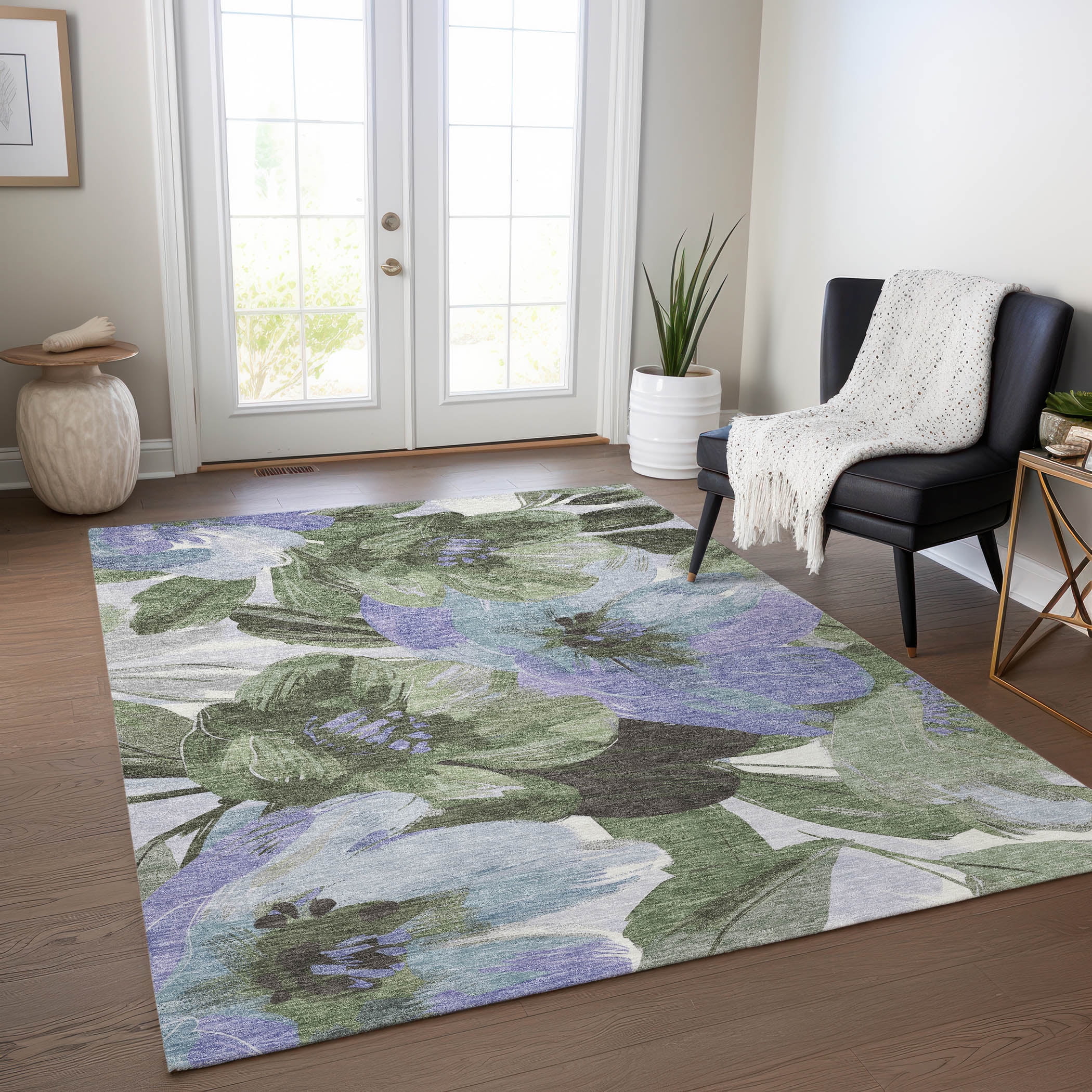 Olive and Blue Floral Synthetic Washable Area Rug