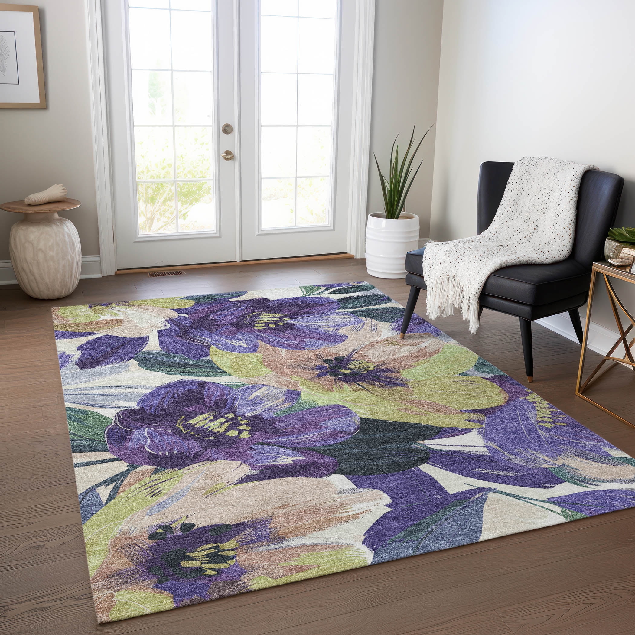 Machine Washable Red and Purple Floral Synthetic Rug