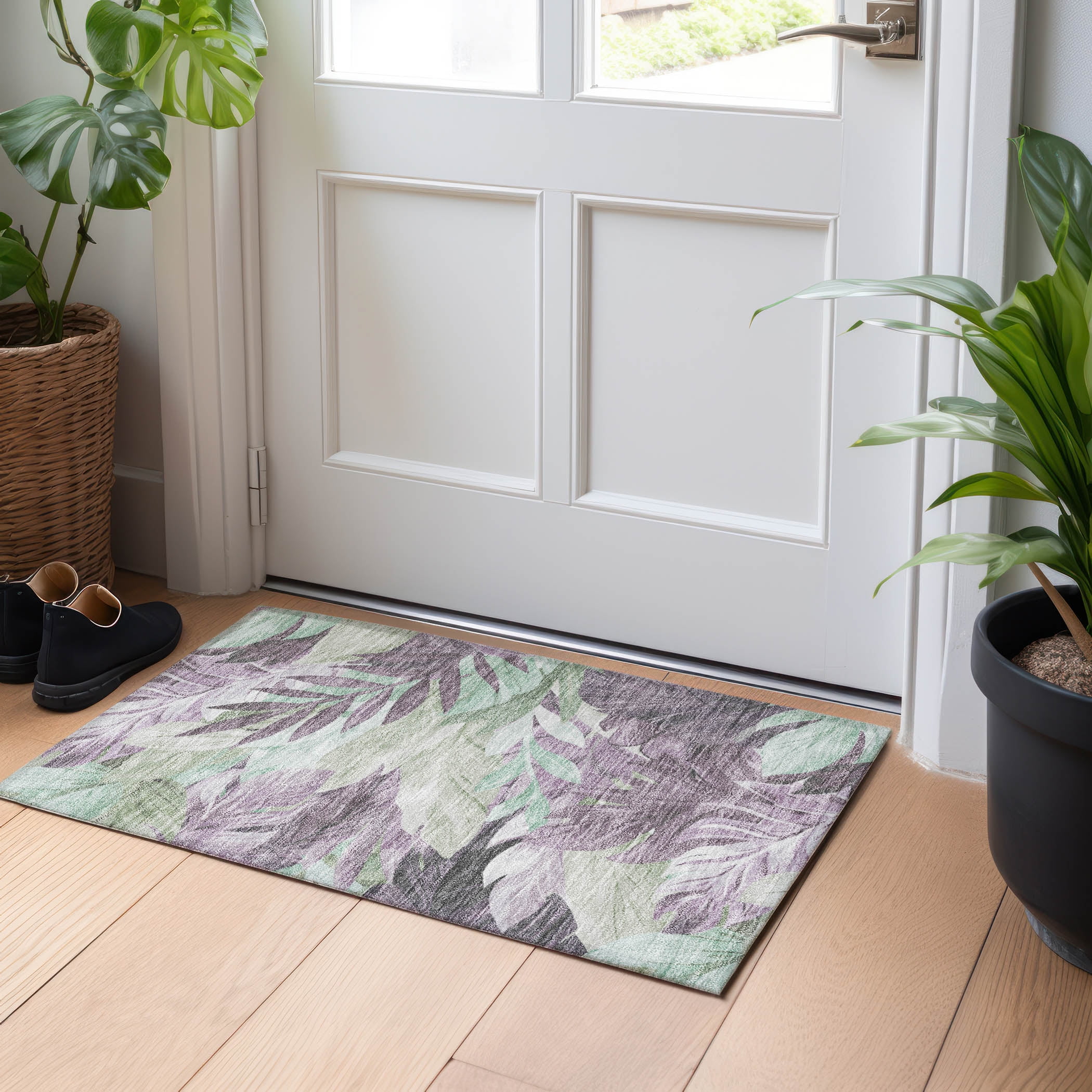 Lavender and Green Tropical Leaf Washable Rectangular Rug