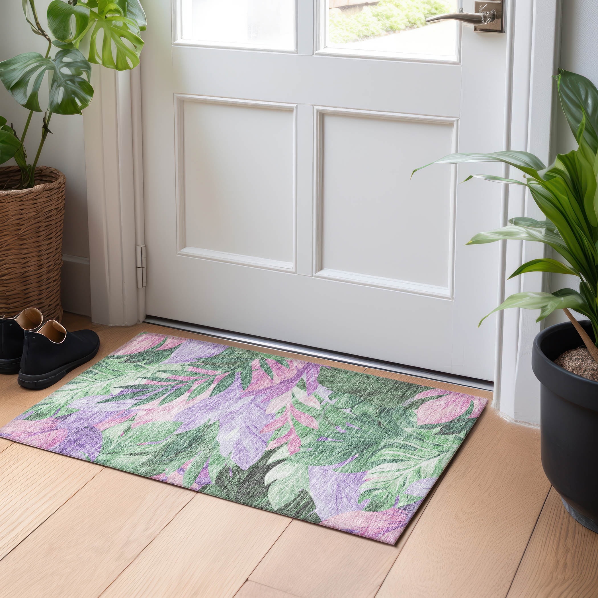 Sage Green and Purple Floral Washable Rectangular Rug