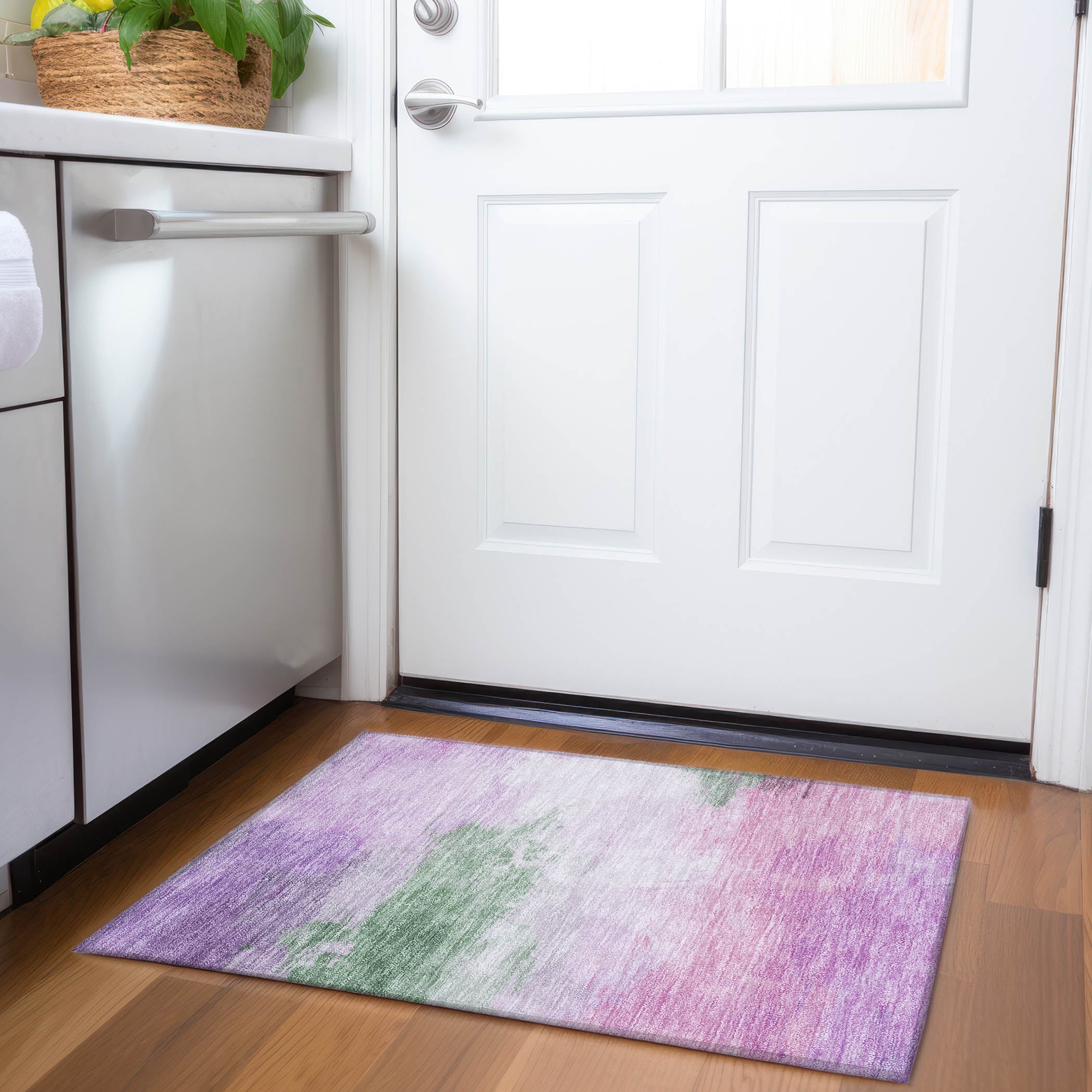 Lilac and Green Washable Synthetic Indoor/Outdoor Rug