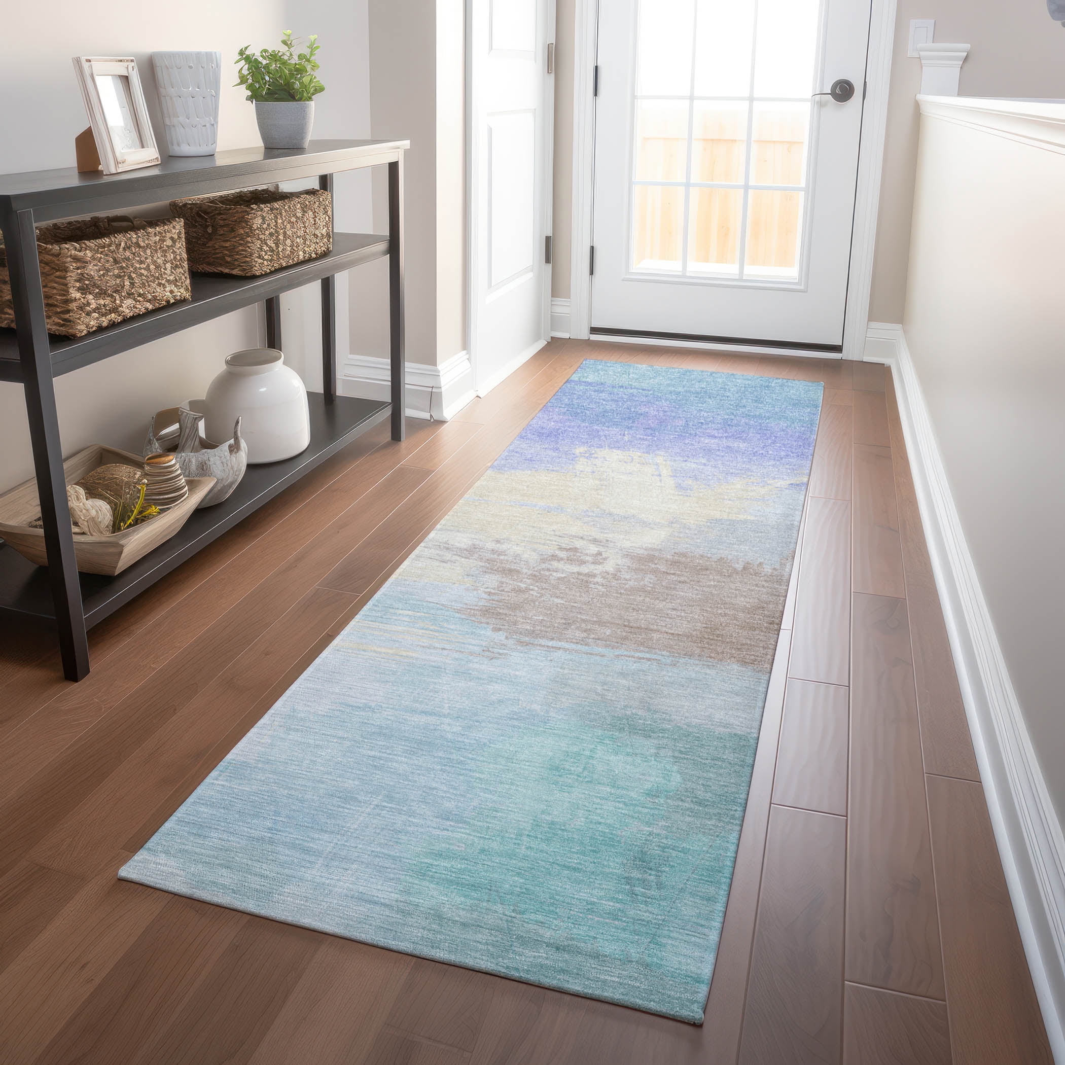 Sky Blue and Beige Washable Synthetic Runner Rug