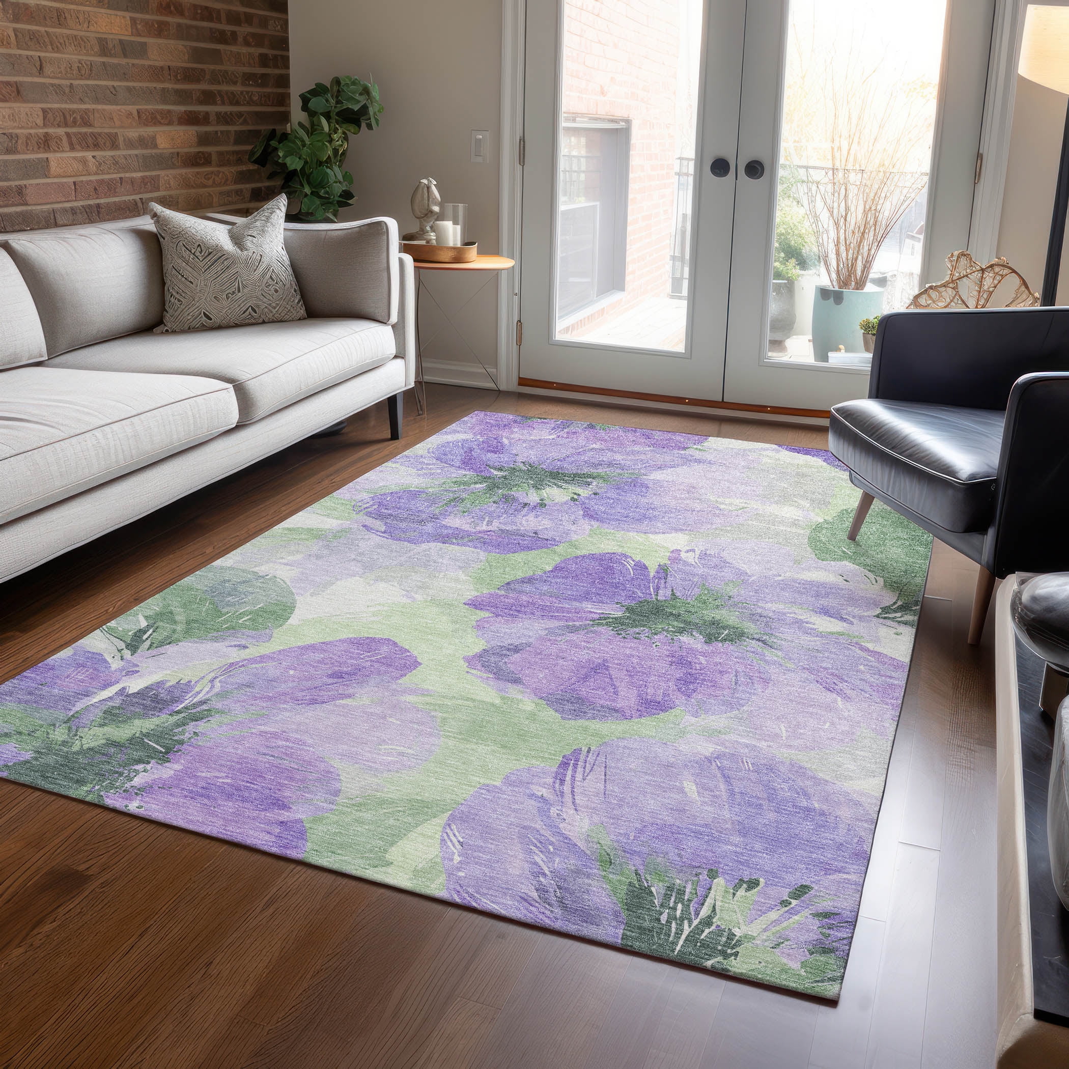 Lavender and Green Floral Washable Synthetic Area Rug
