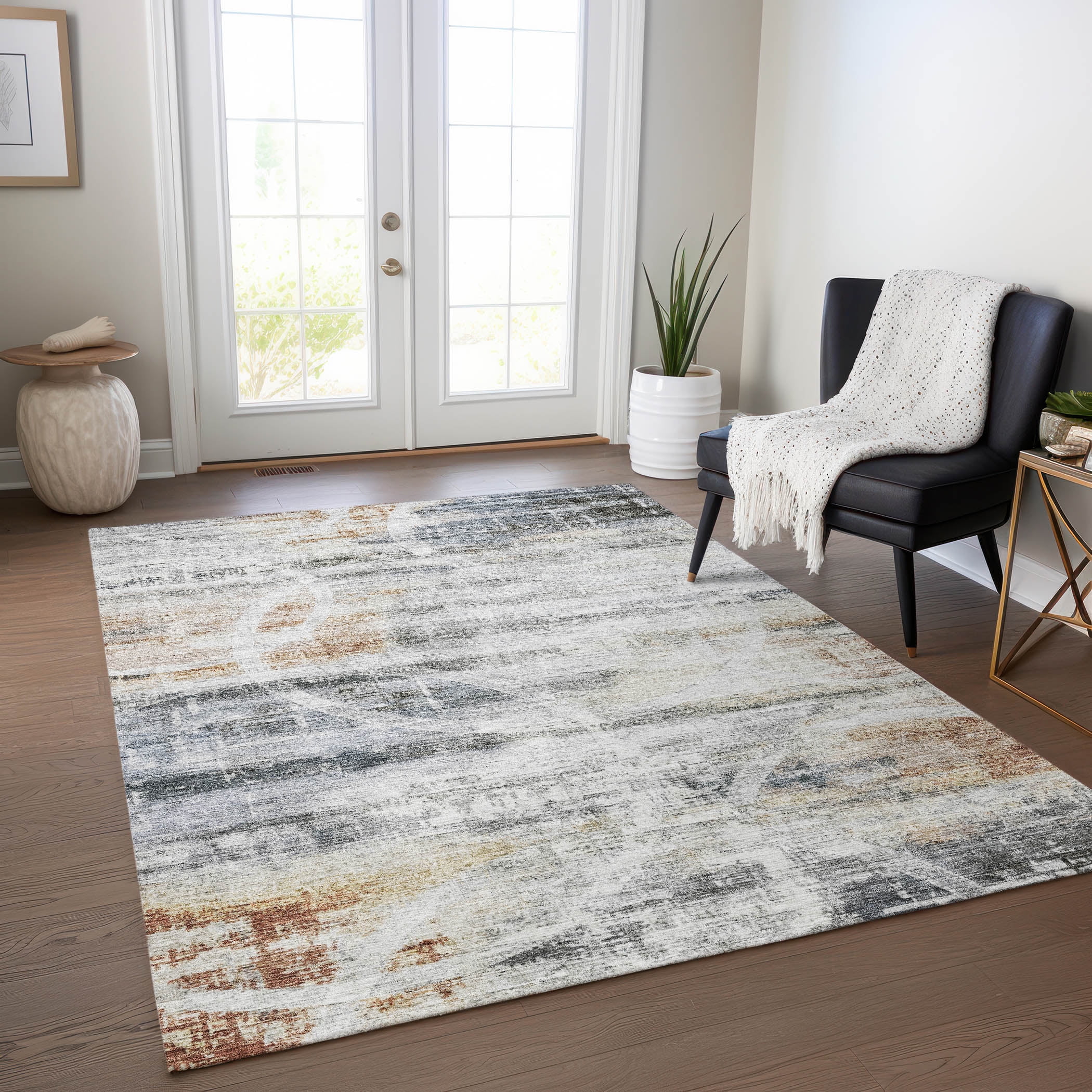 Contemporary Gray and Red Synthetic Washable Area Rug, 3' x 5'