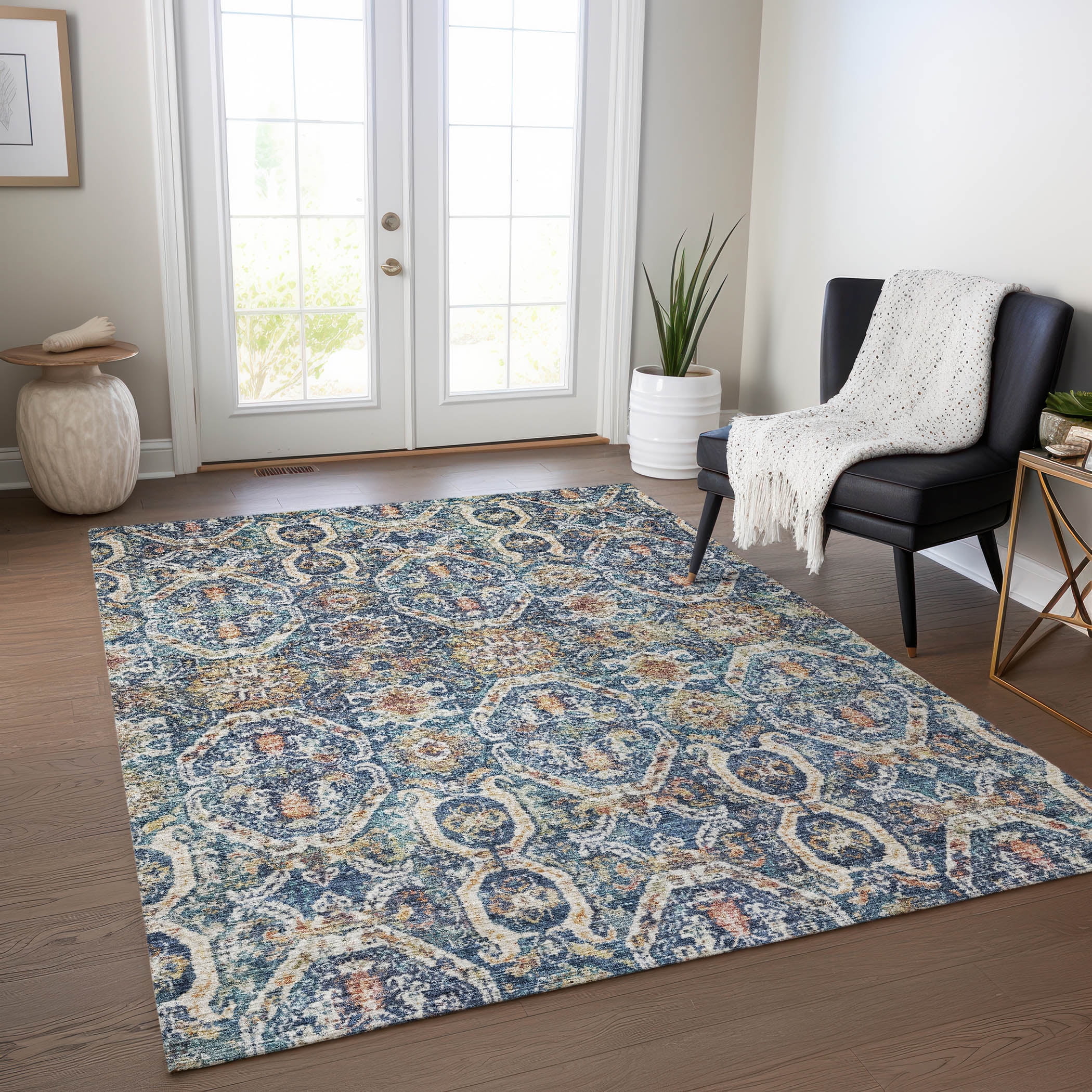Denim Blue and Beige Flat Woven Washable Area Rug 5' x 7'