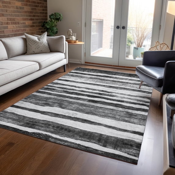 Addison Rugs Chantille Indoor/Outdoor Transitional Stripes Charcoal Washable Rectangle Rug, 9' x 12'