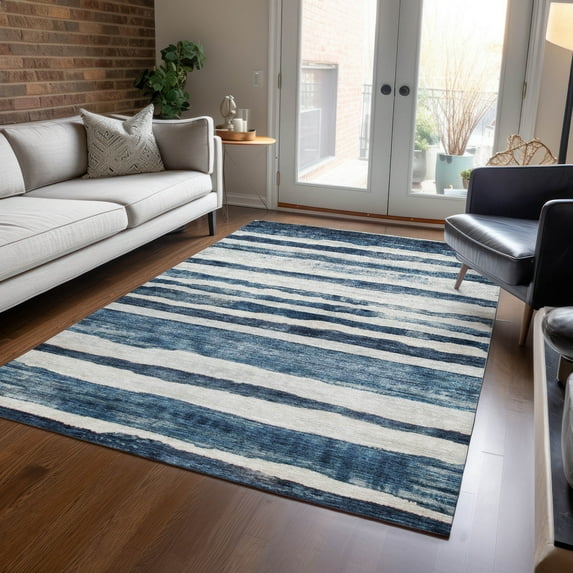 Addison Rugs Chantille Indoor/Outdoor Transitional Stripes Denim Washable Rectangle Rug, 9' x 12'