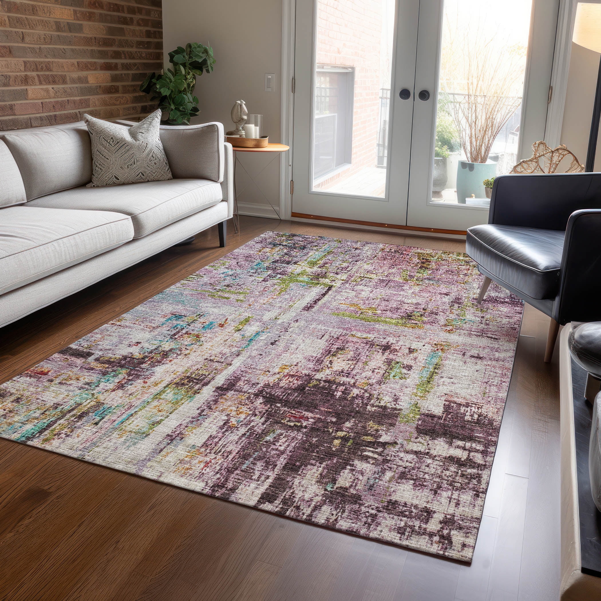 Lavender Abstract Synthetic Washable 3' x 5' Area Rug