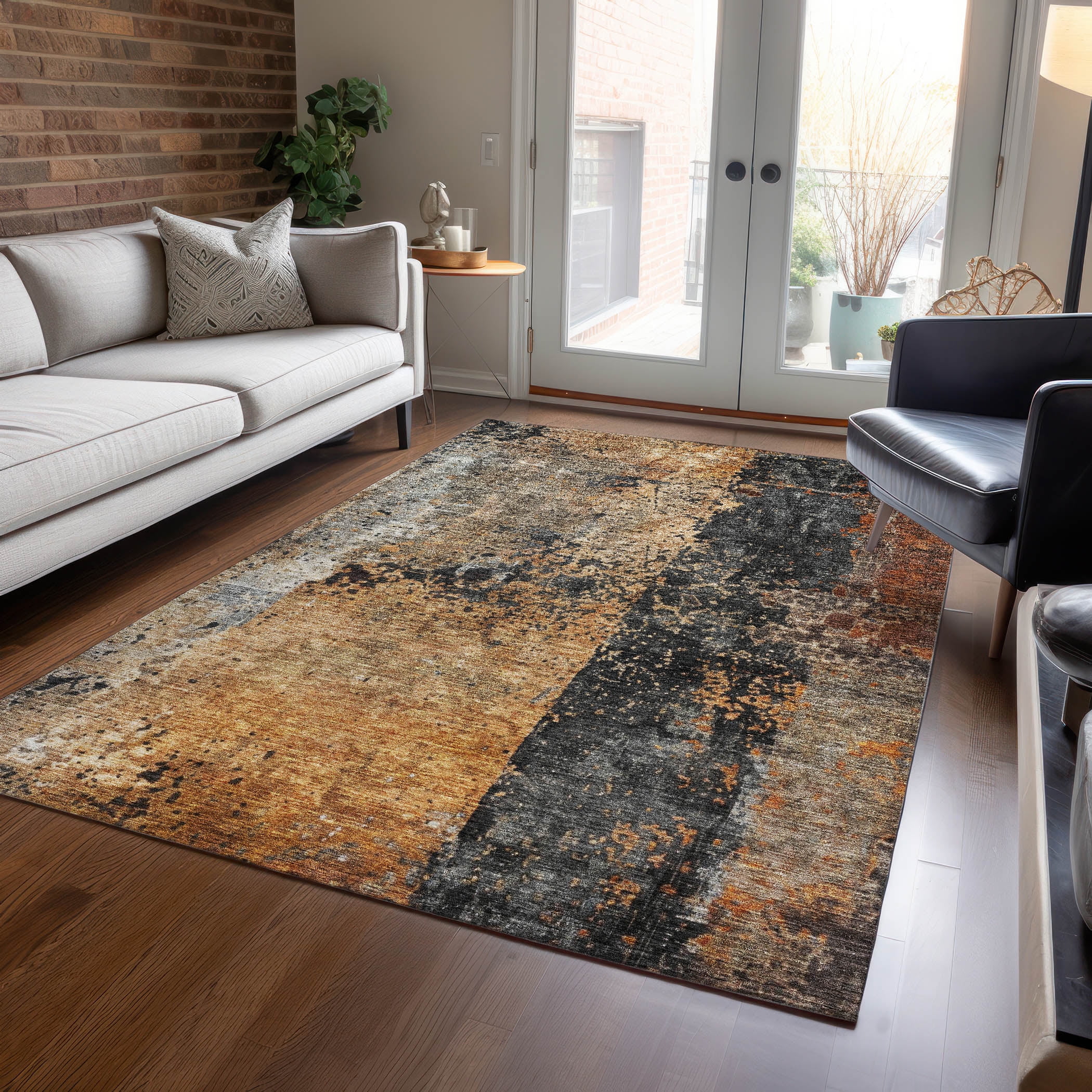 Copper and Gray Abstract Washable Synthetic 8' x 10' Rug